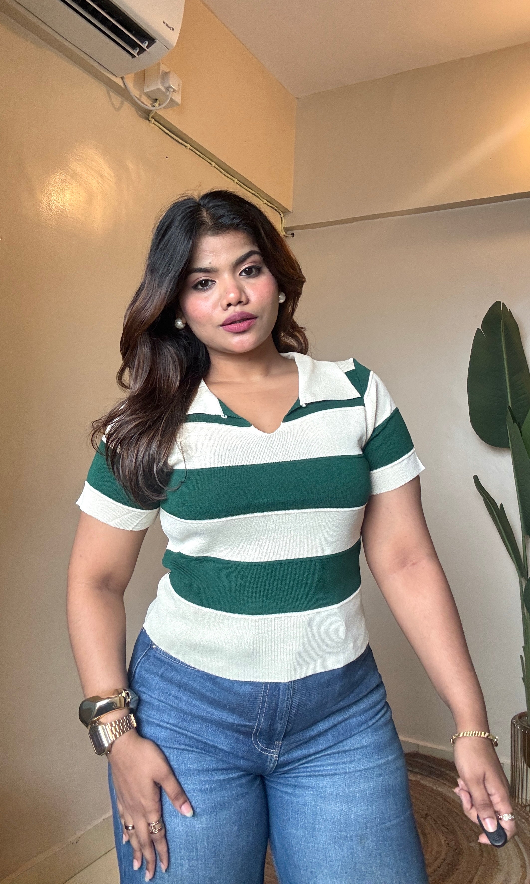 Striped Collar Neck Half Sleeve Top