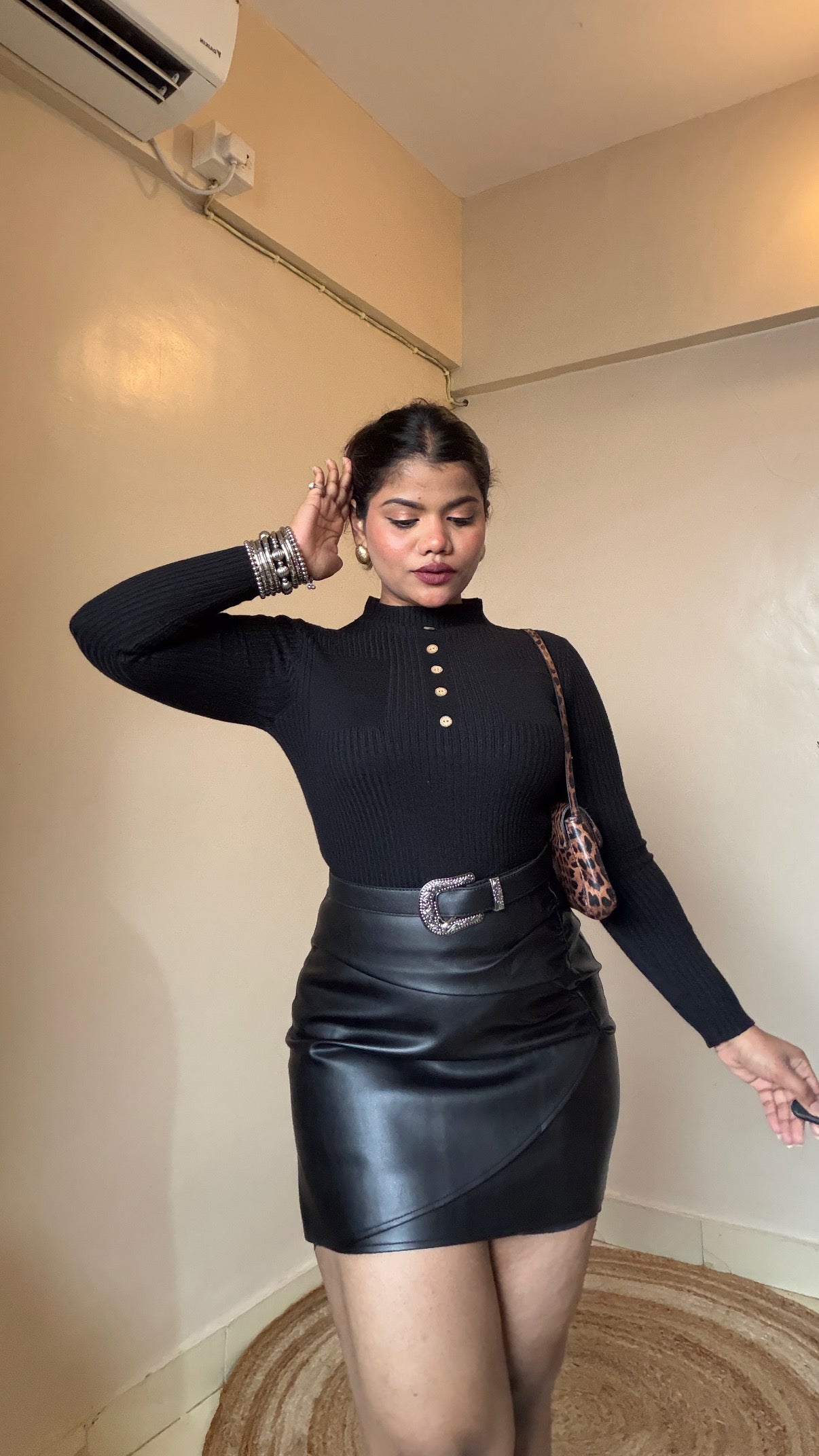 Black Ruched Leather Skirt With Silver Belt