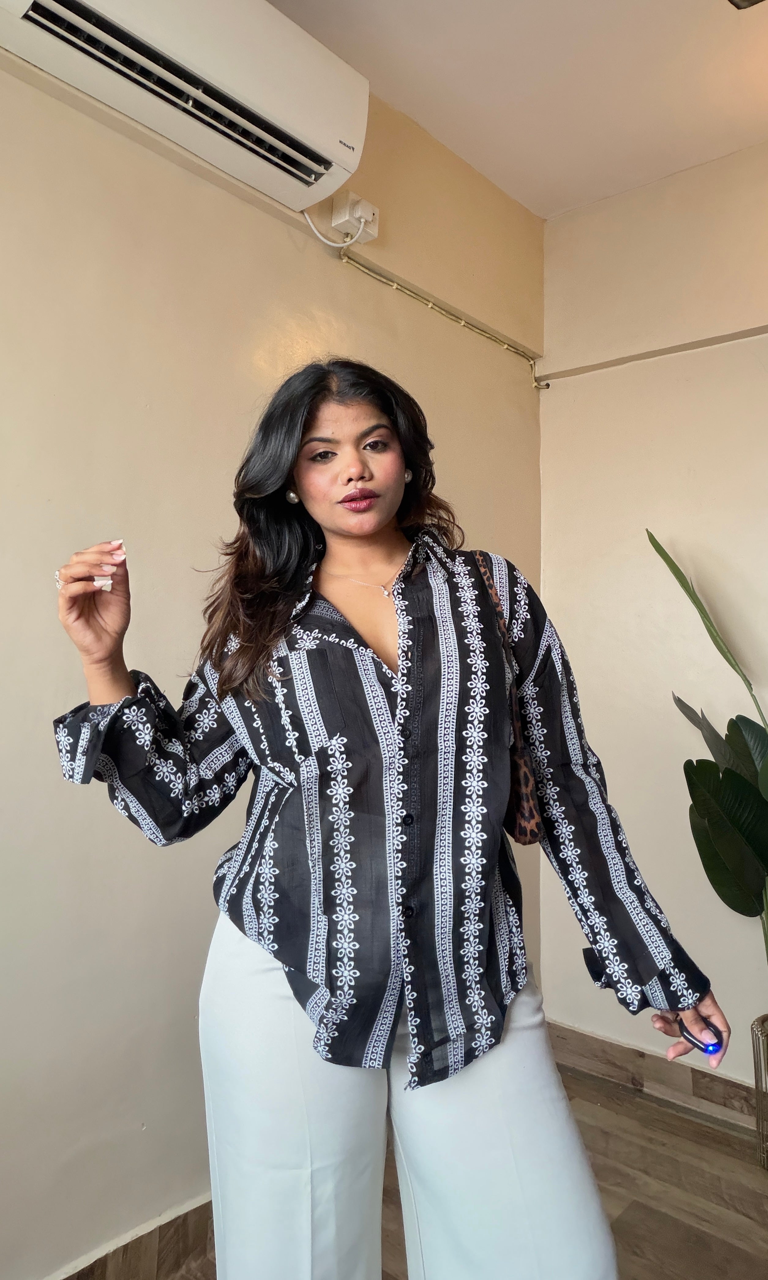 Sheer Pocketed Embroidery Shirt