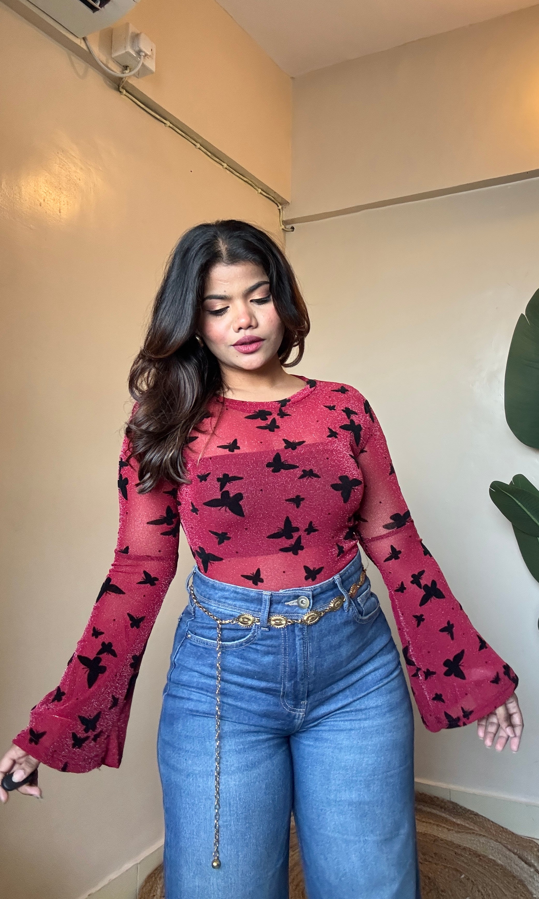 Butterfly Bell Sleeve Mesh Top