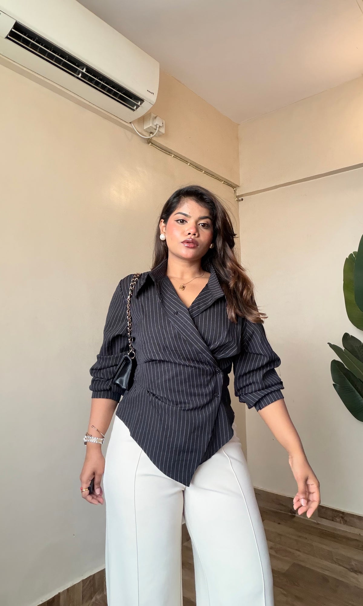 Black Side Wrap Snatched Striped Shirt
