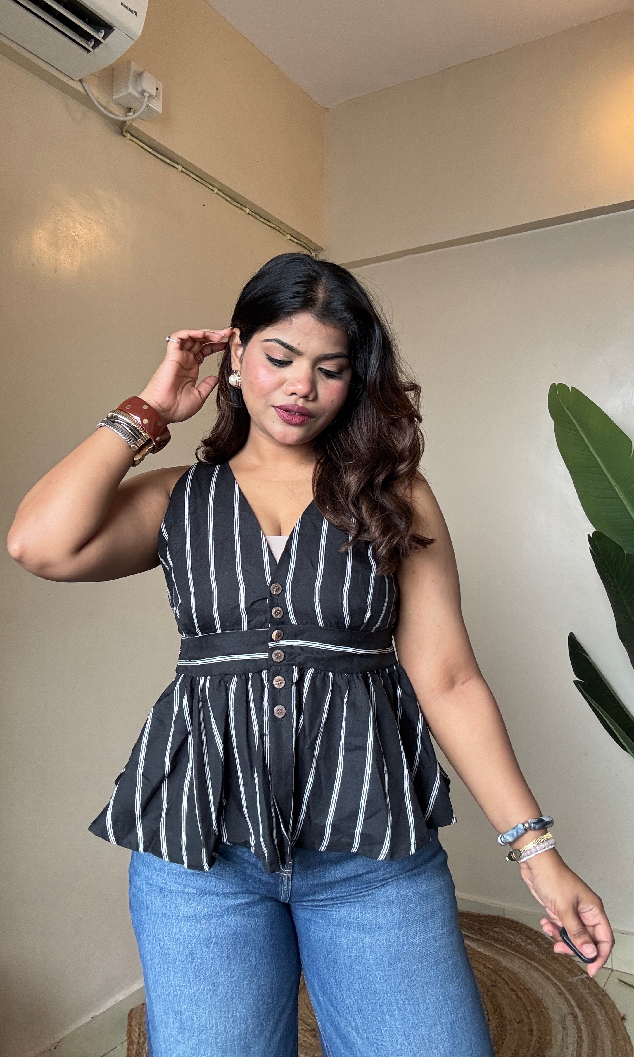 Stripe Peplum V Neck Top
