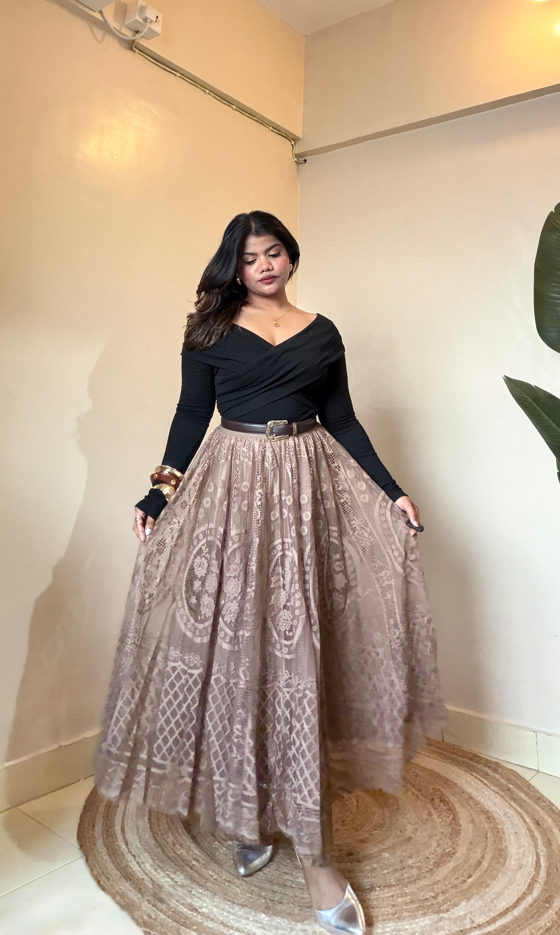 Brown Statement Lace Skirt