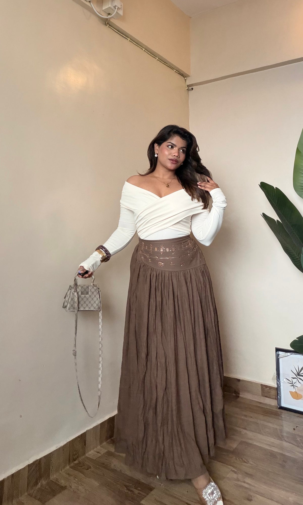 Embroidered Work Linen Maxi-Skirt
