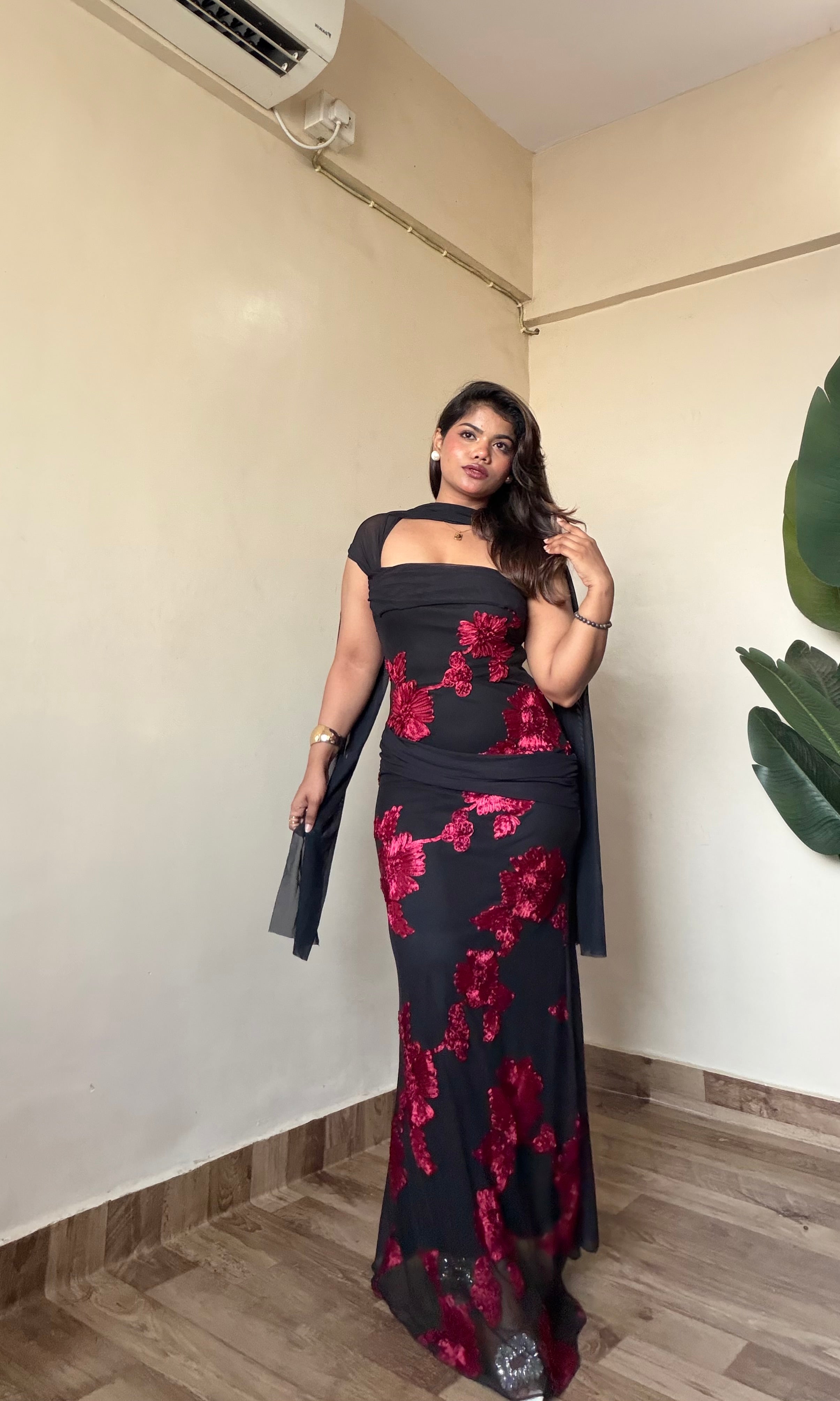 Crimson floral embroidery Dress with Scarf