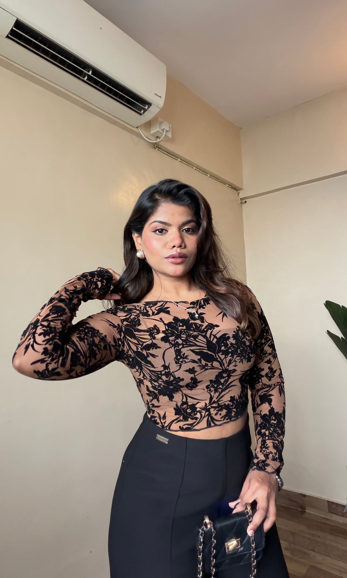 Floral Barque Print Mesh Top With Inner