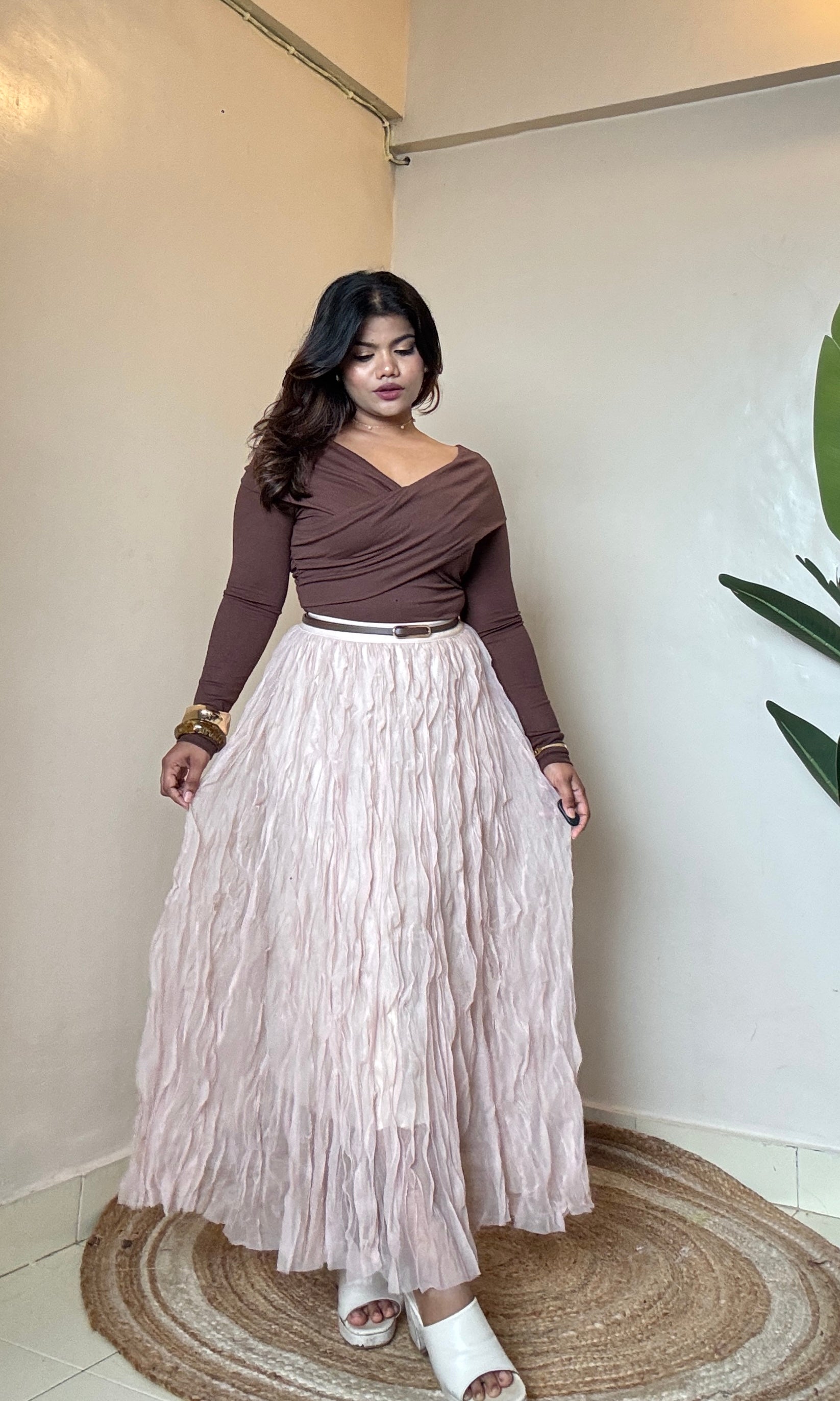 Cream Mesh Frill Skirt
