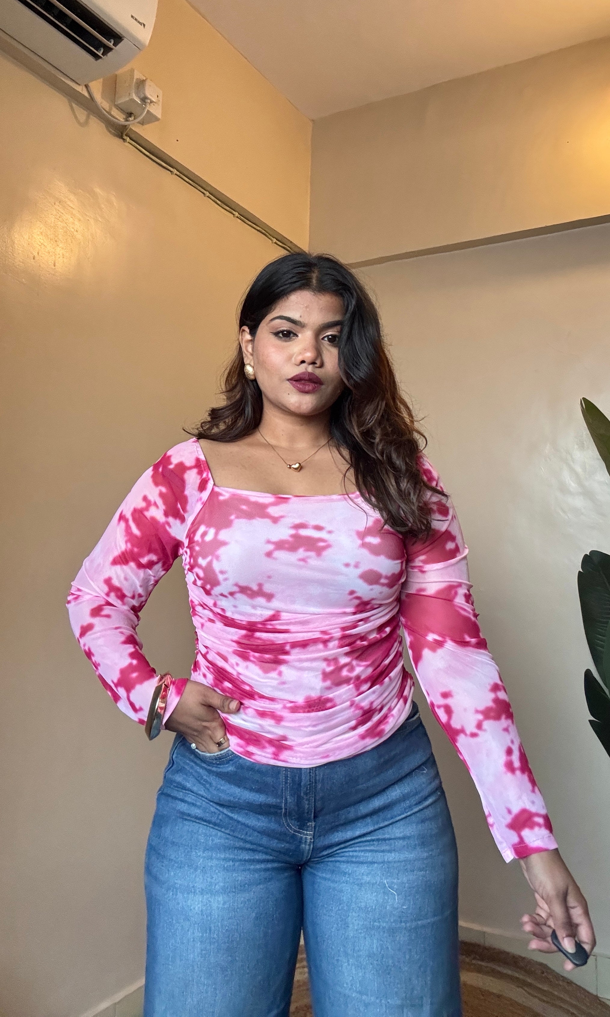 Pink Marble Print Mesh Top