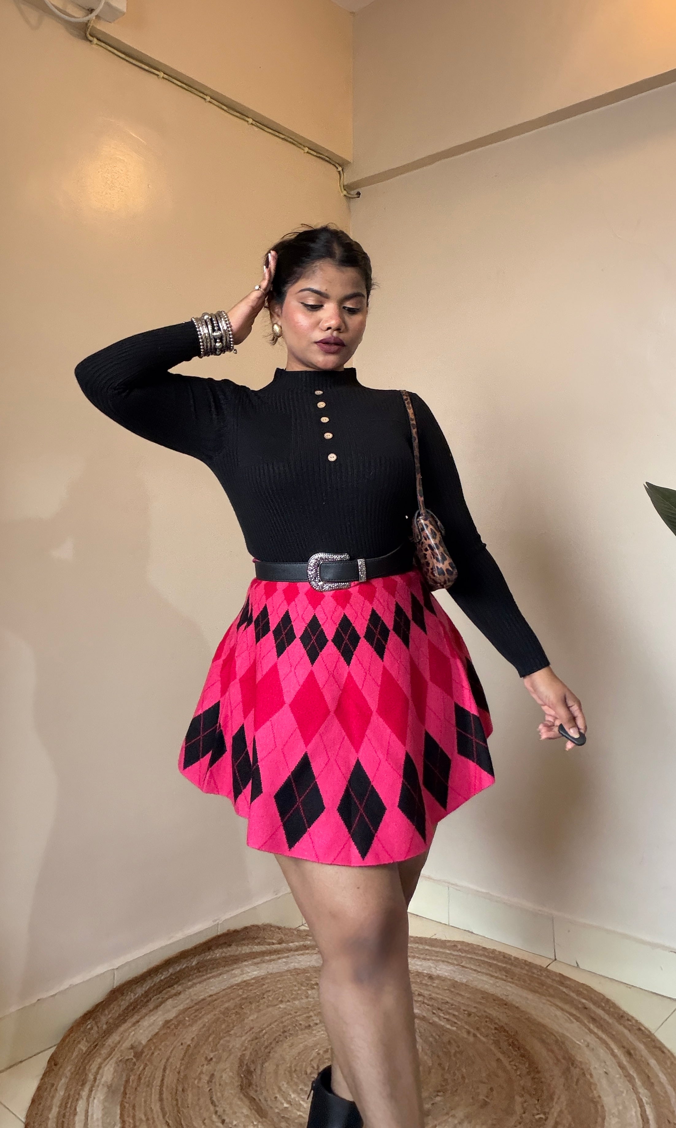 Red pink diamond Check skater Skirts