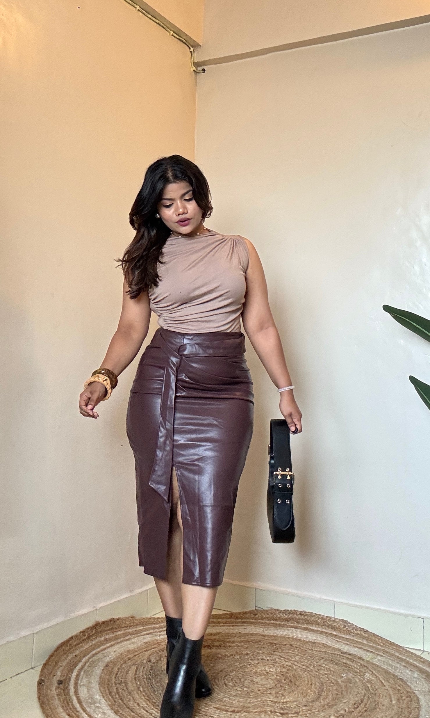Faux Leather Ruched Pencil Skirt