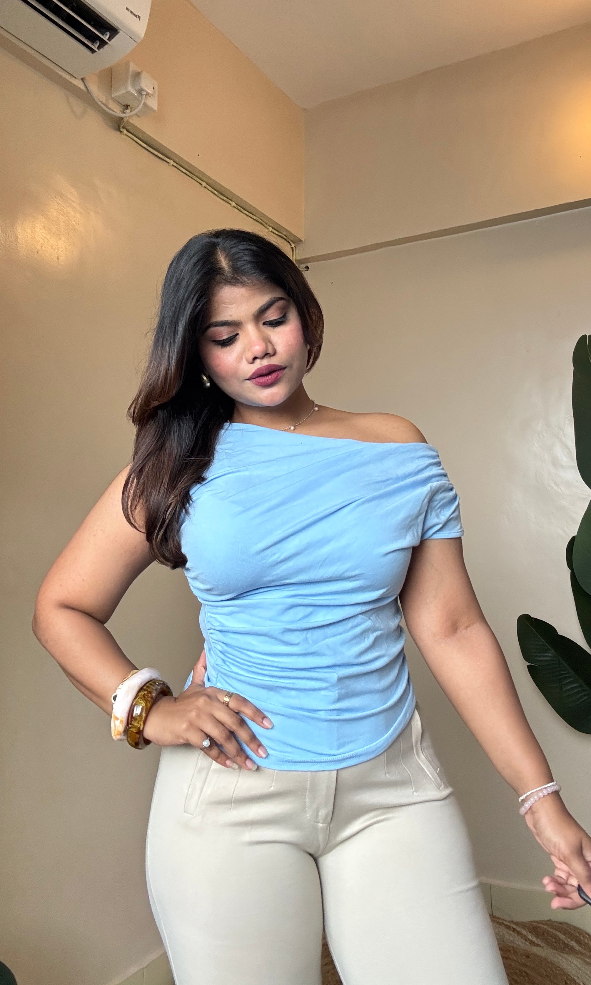 Asymmetrical One Off-Shoulder Ruched Top