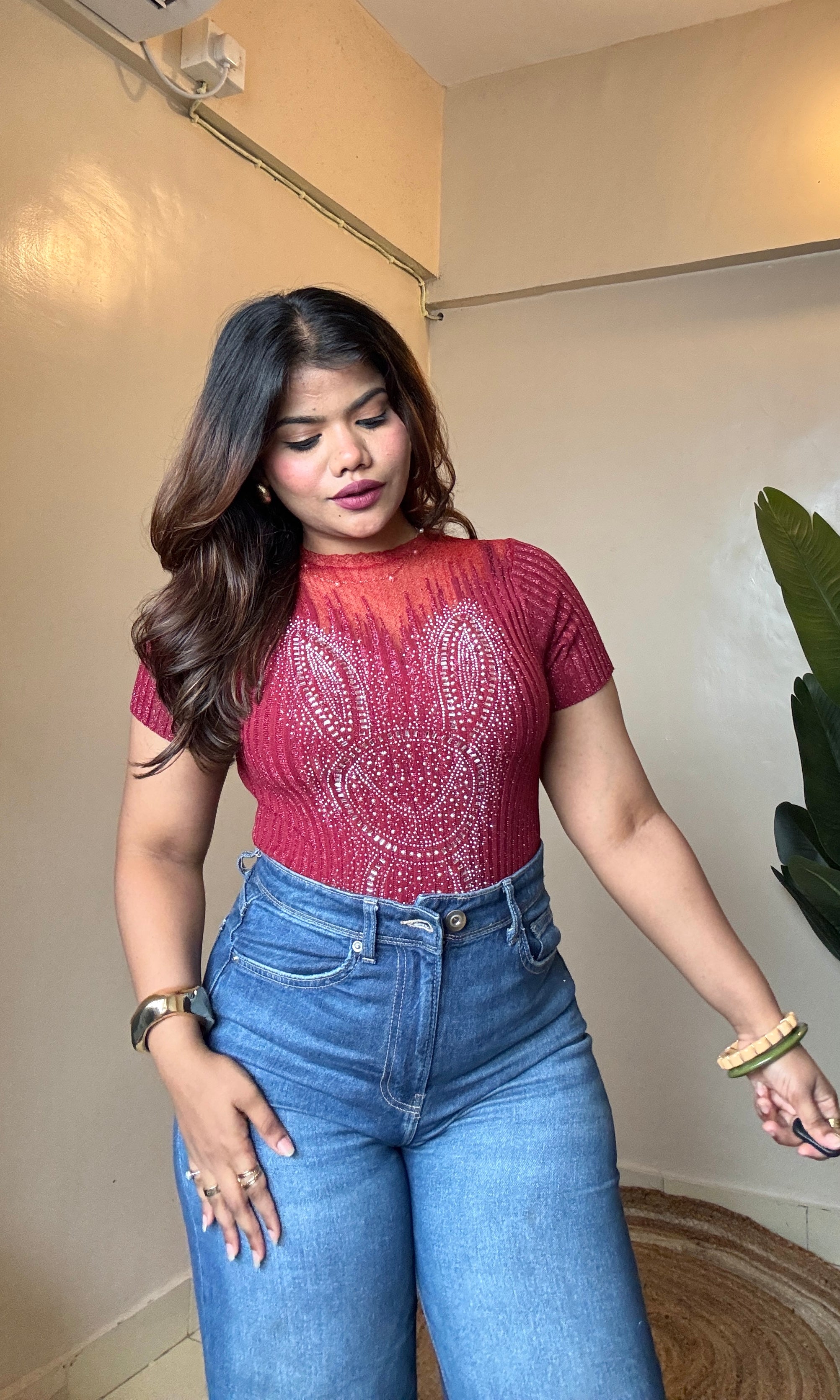 Rhinestone Work Mesh Top