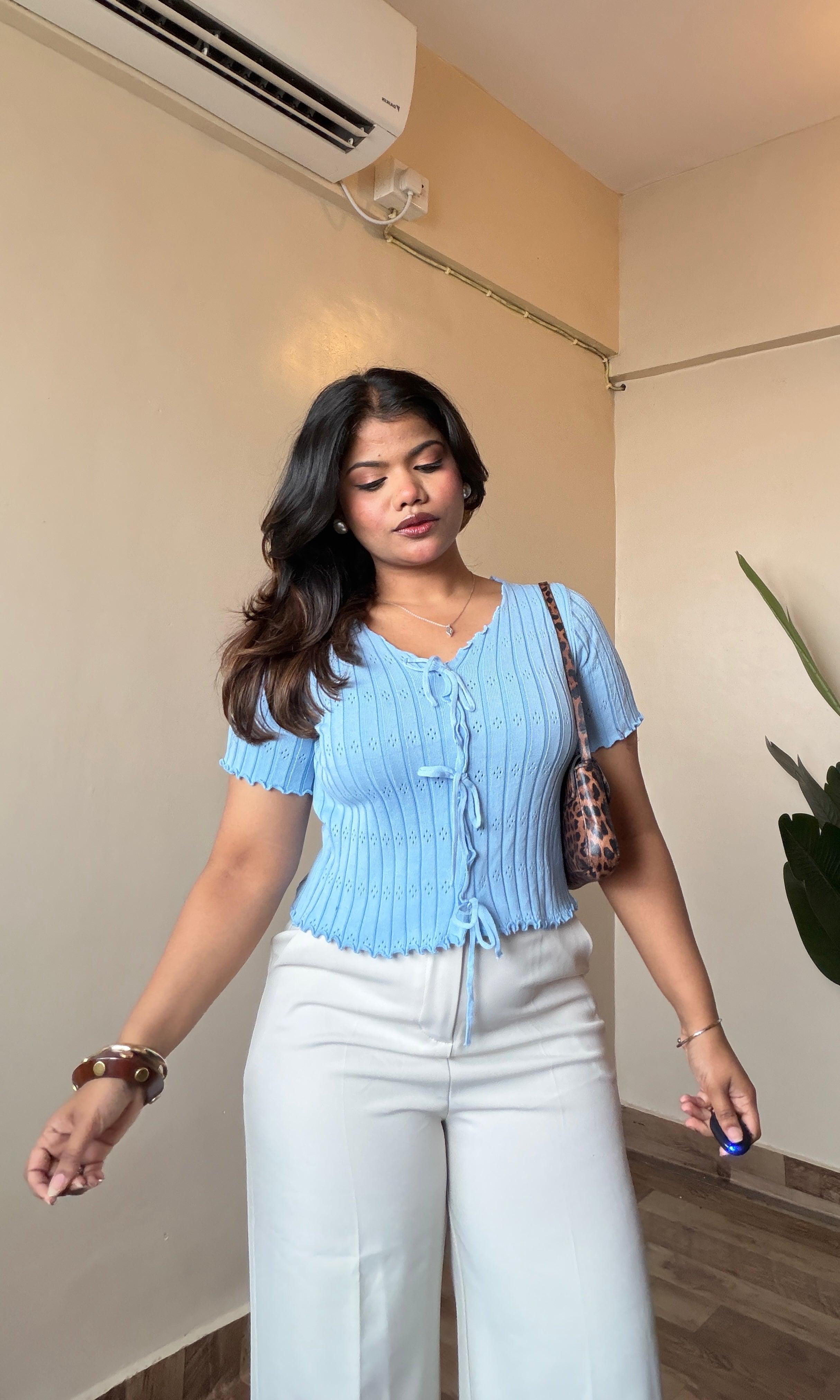 Bow V-Neck Ribbed Top