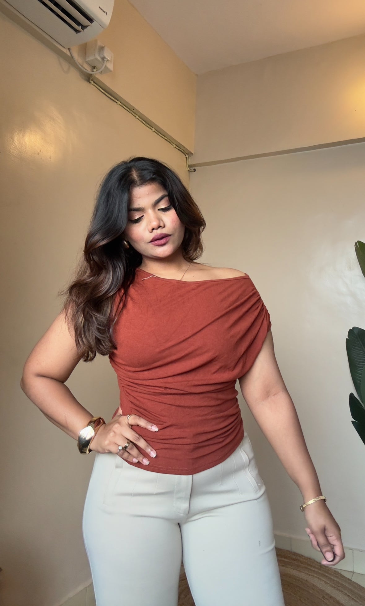 Asymmetrical One Off-Shoulder Ruched Top