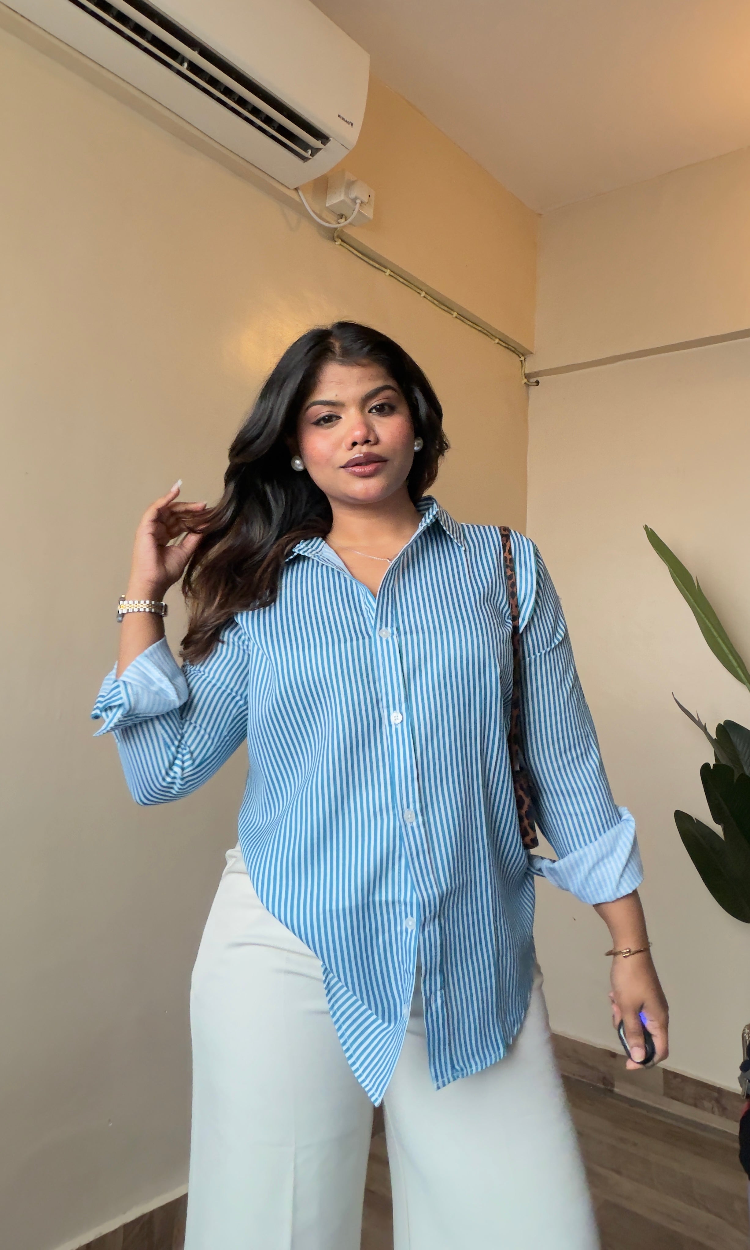 Teal Blue Striped Linen Shirt
