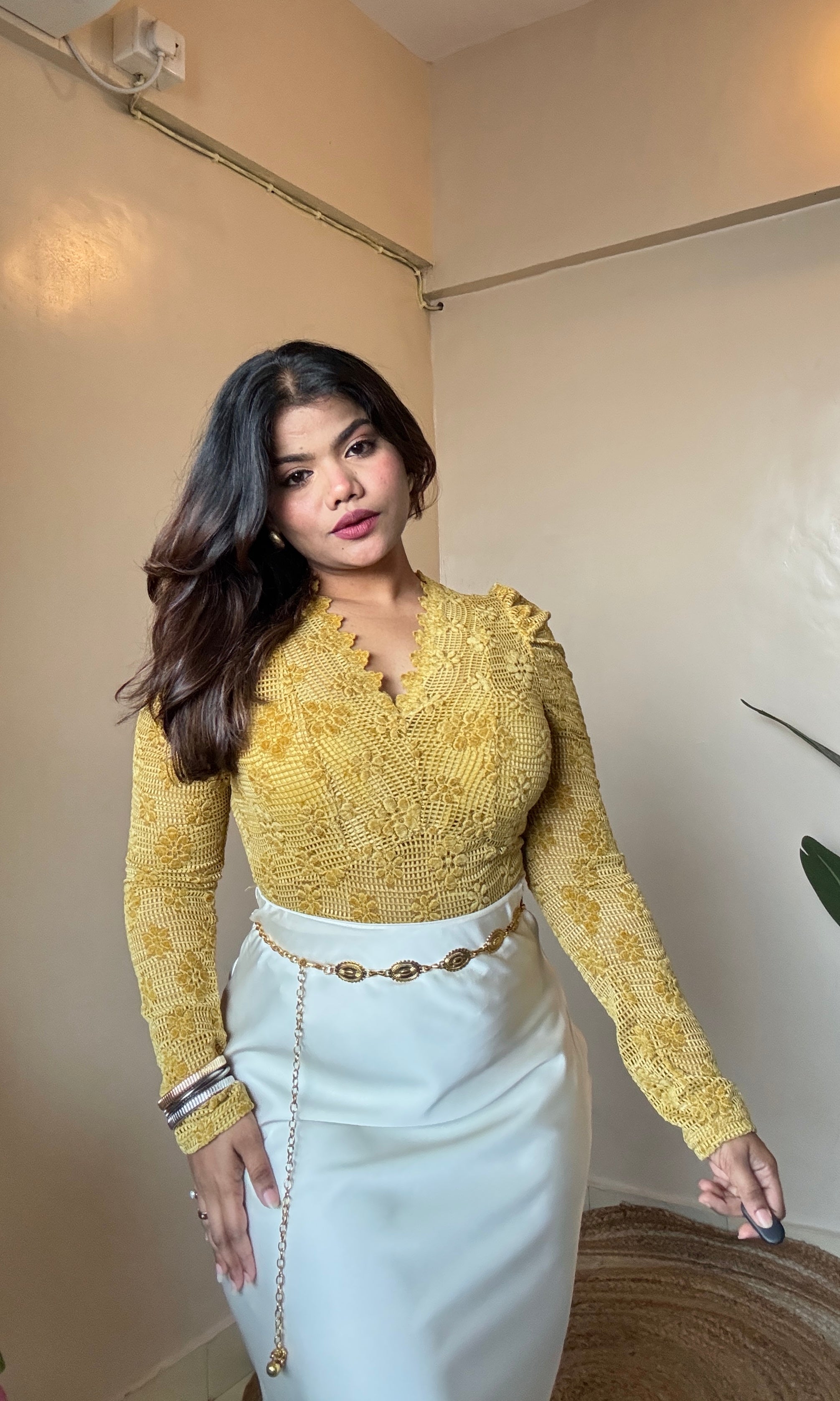 Floral Velvet V Neck Lacework Top