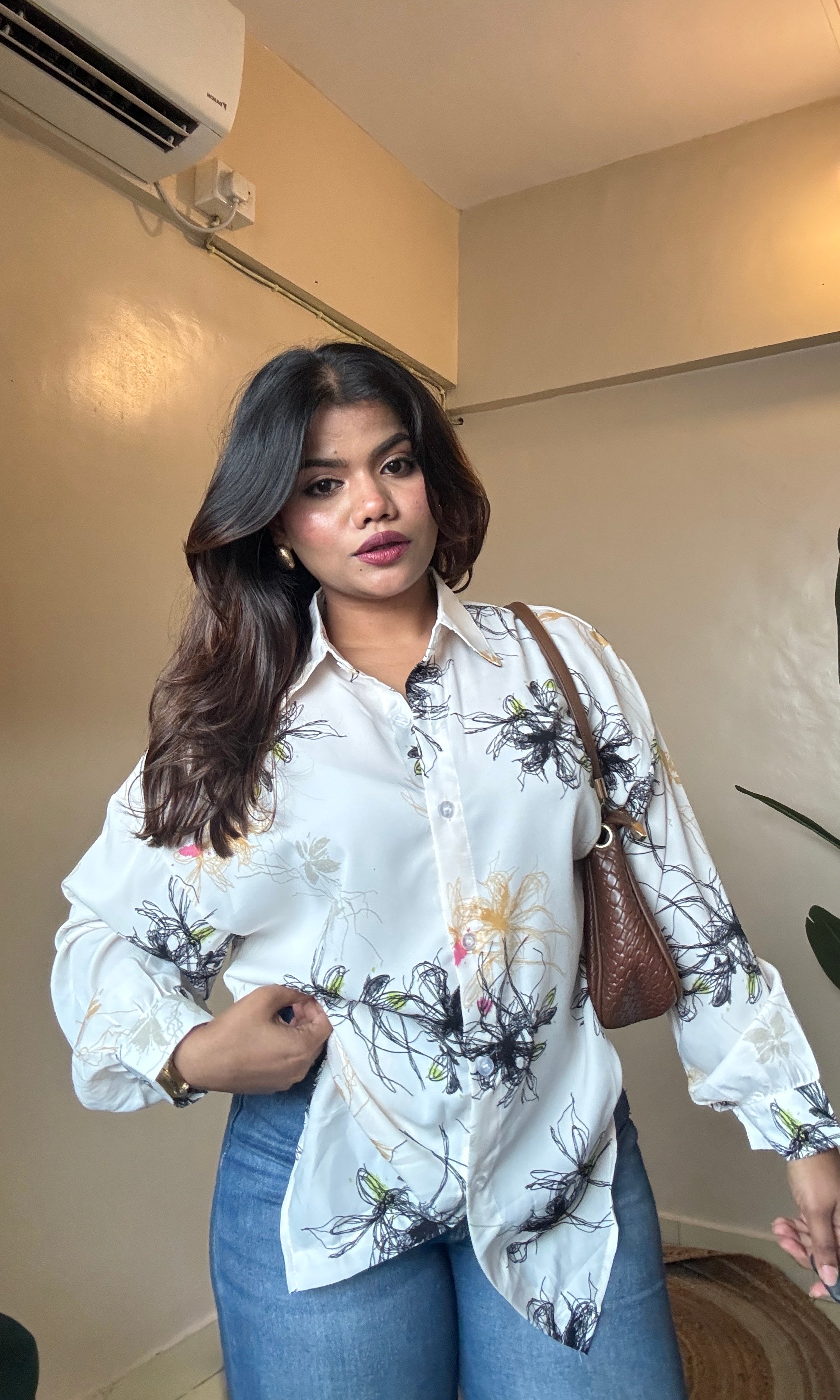Cream Draw Printed Imported Shirt