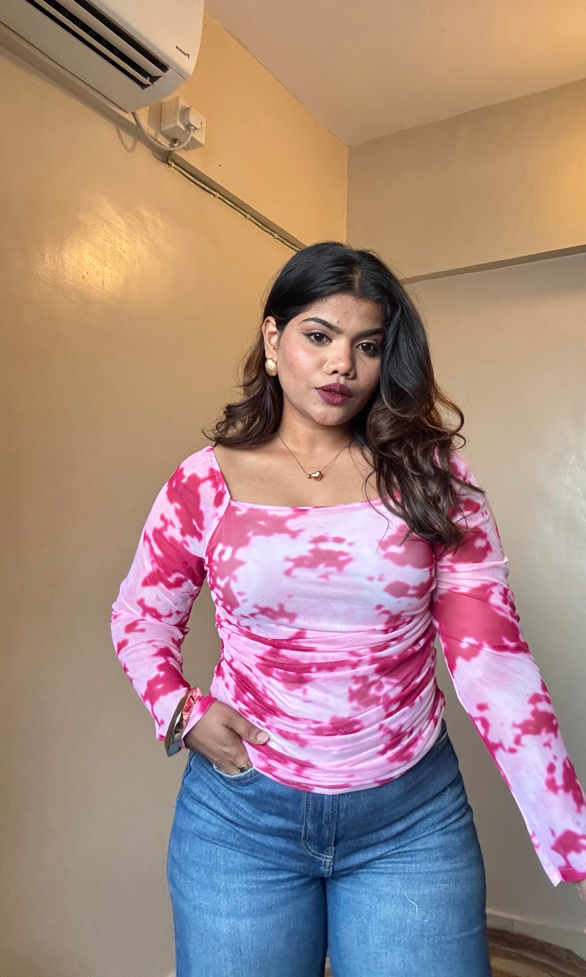 Pink Marble Print Mesh Top