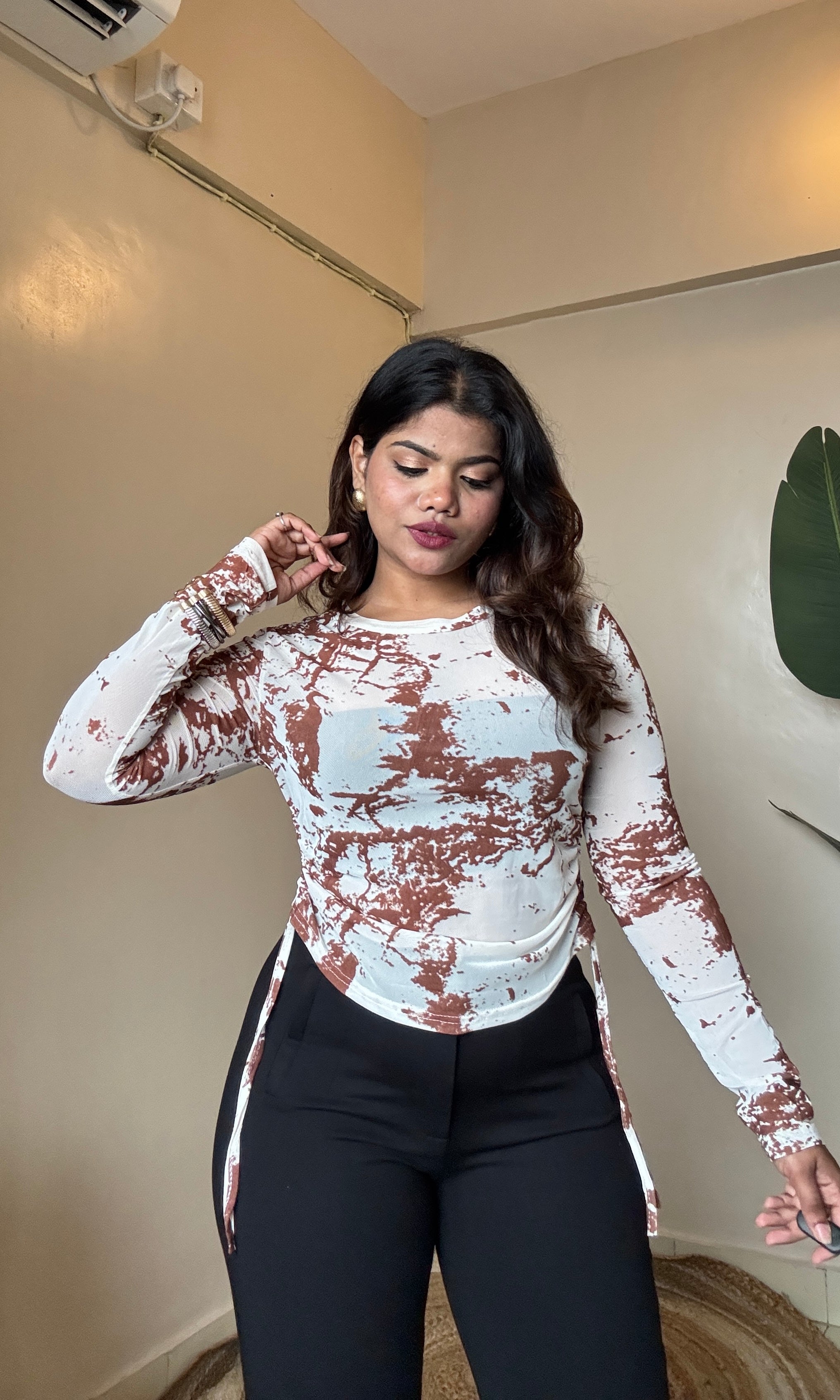 Mesh Ruched Drawstring Top