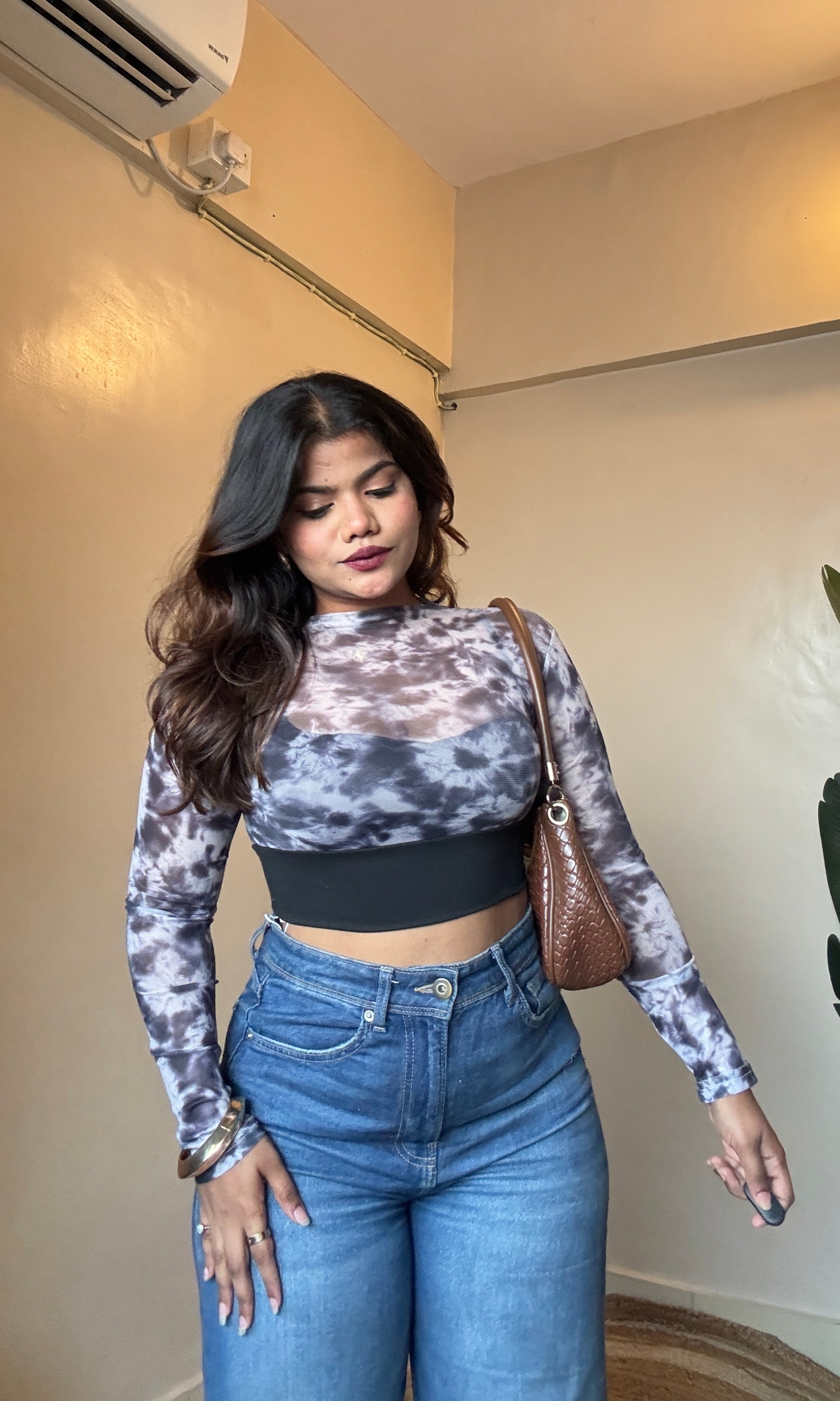 Black Marble Print Mesh Padded Top