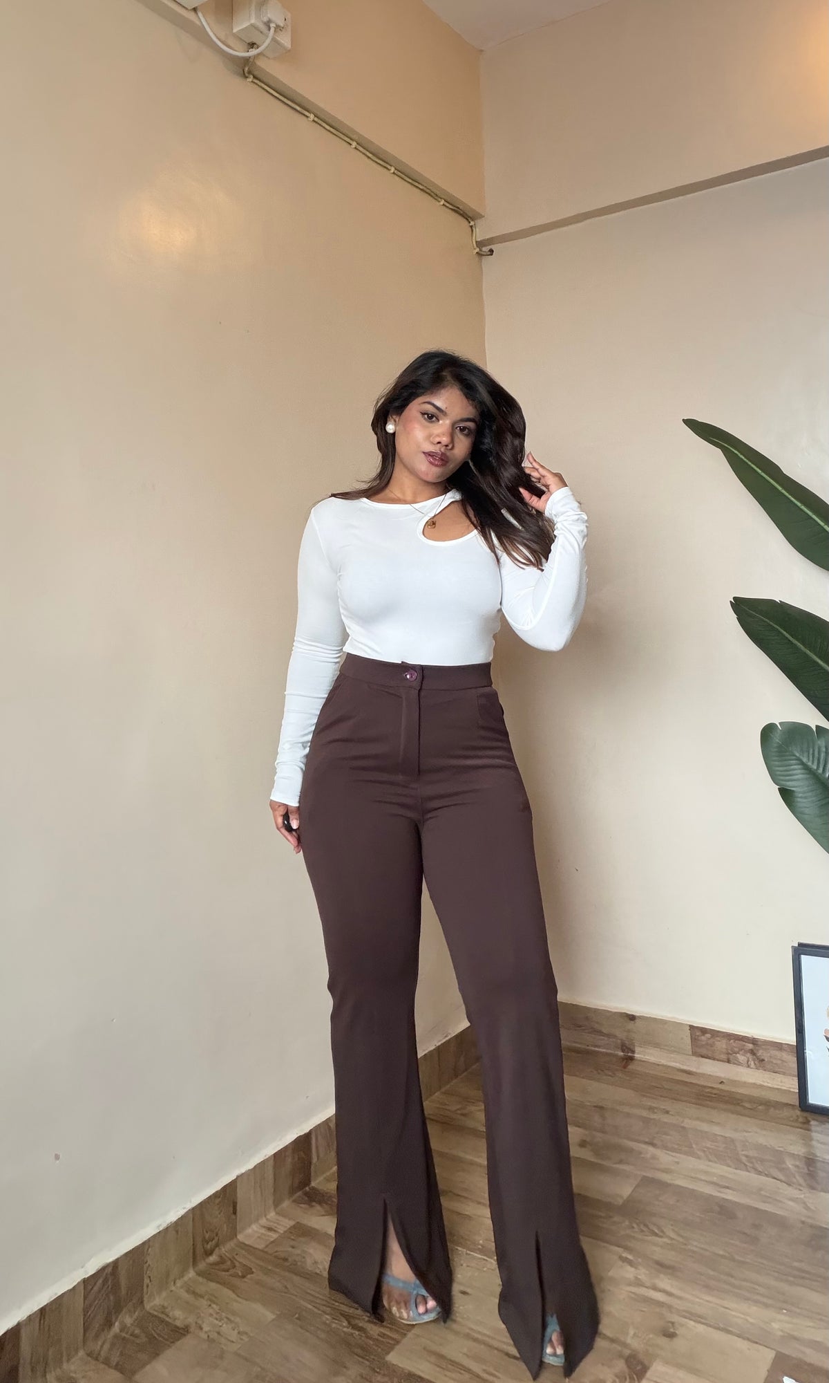 Brown Slit Cut Bell Bottom Trouser