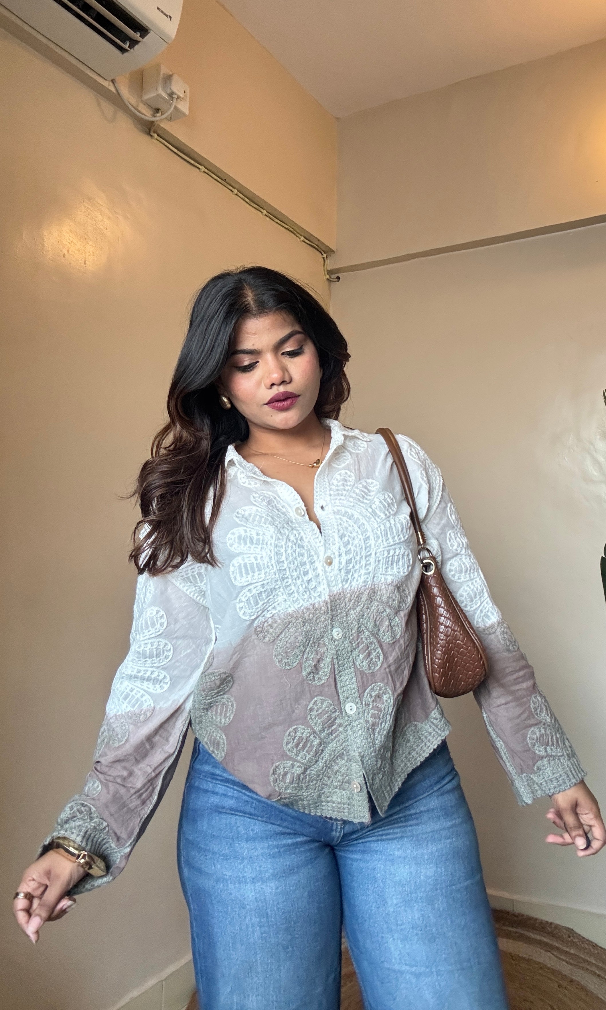 Greyish Brown Embroidery Cotton Ombre Shirt