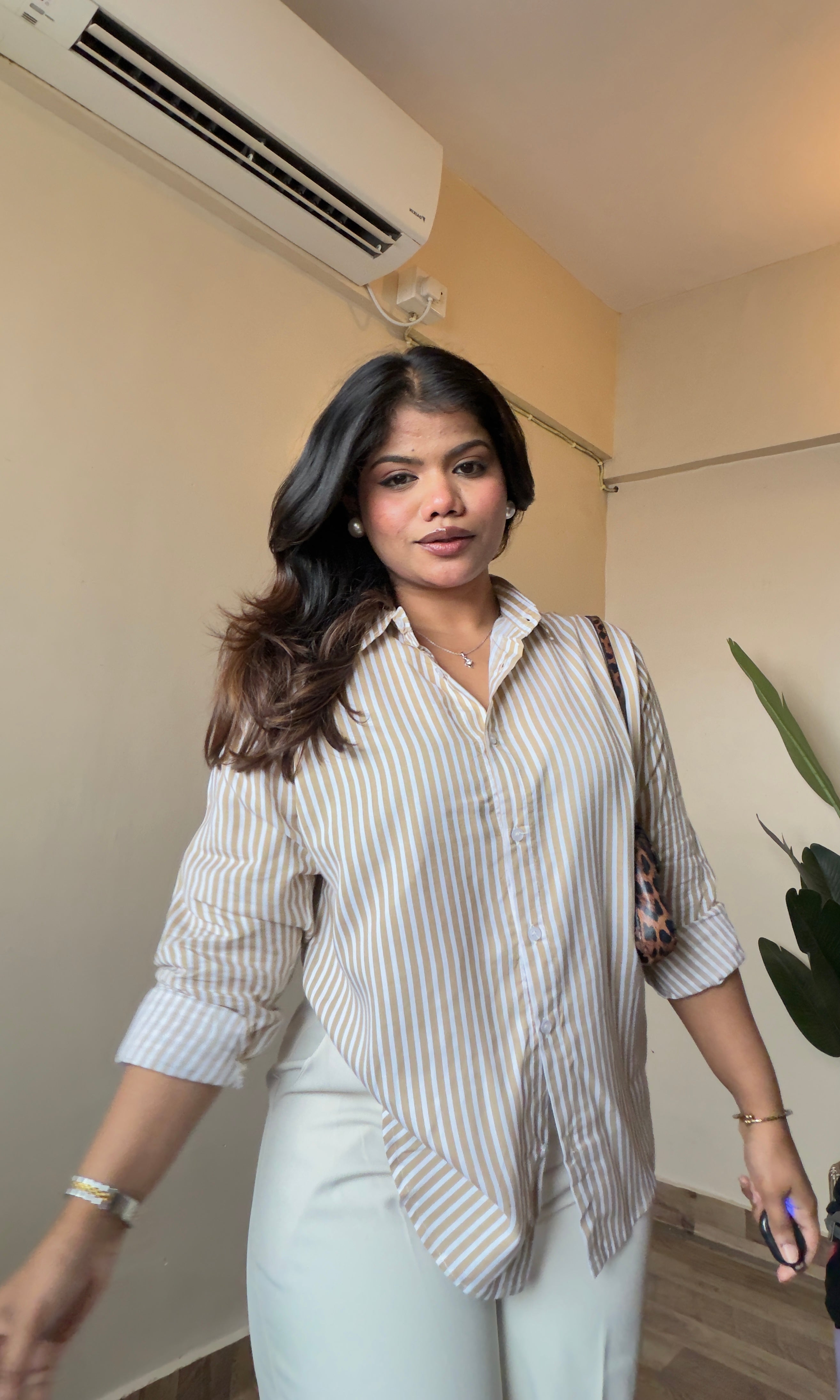 Beige-White Striped Cotton Shirt