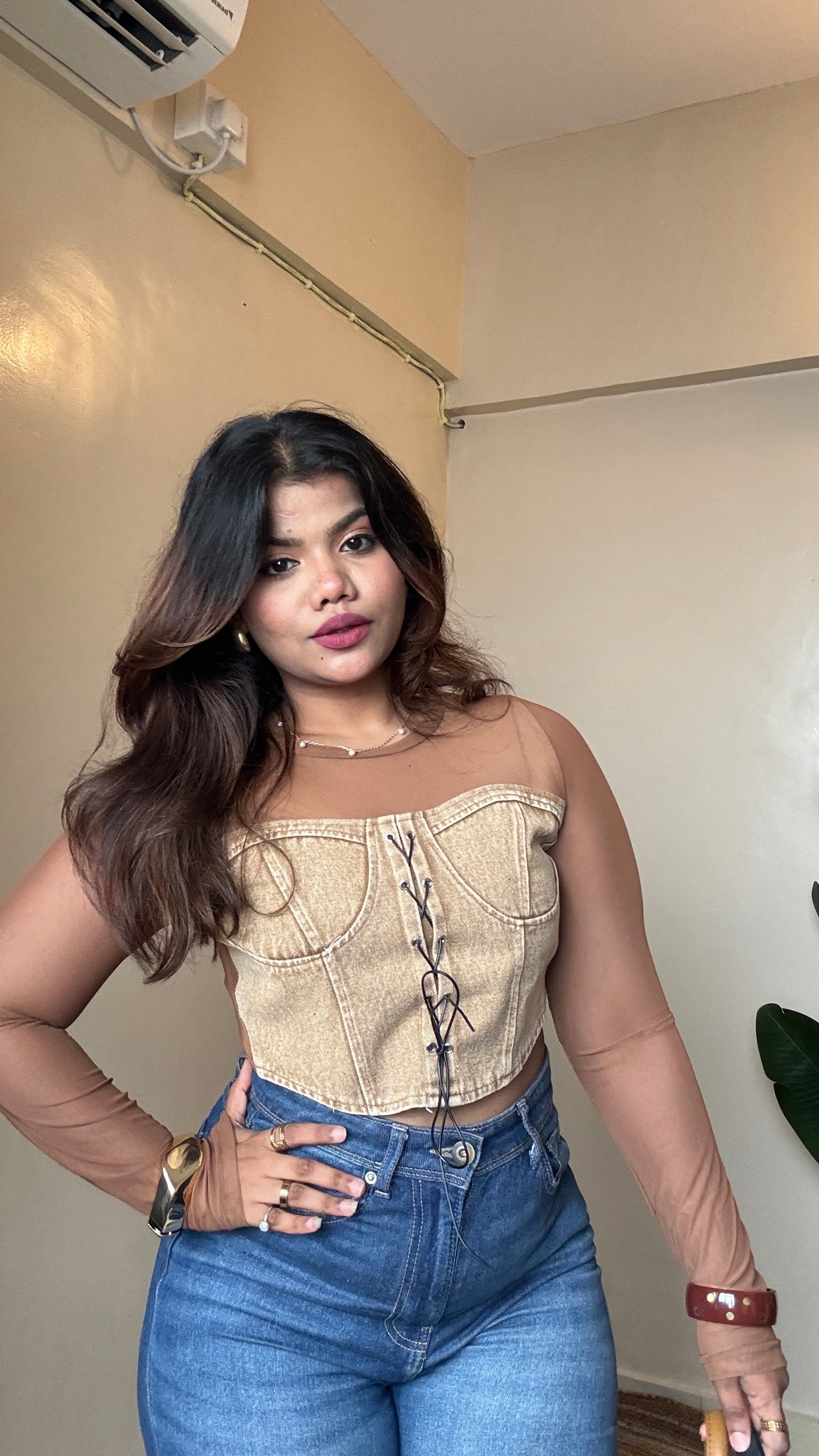 Denim Corset Mesh Top