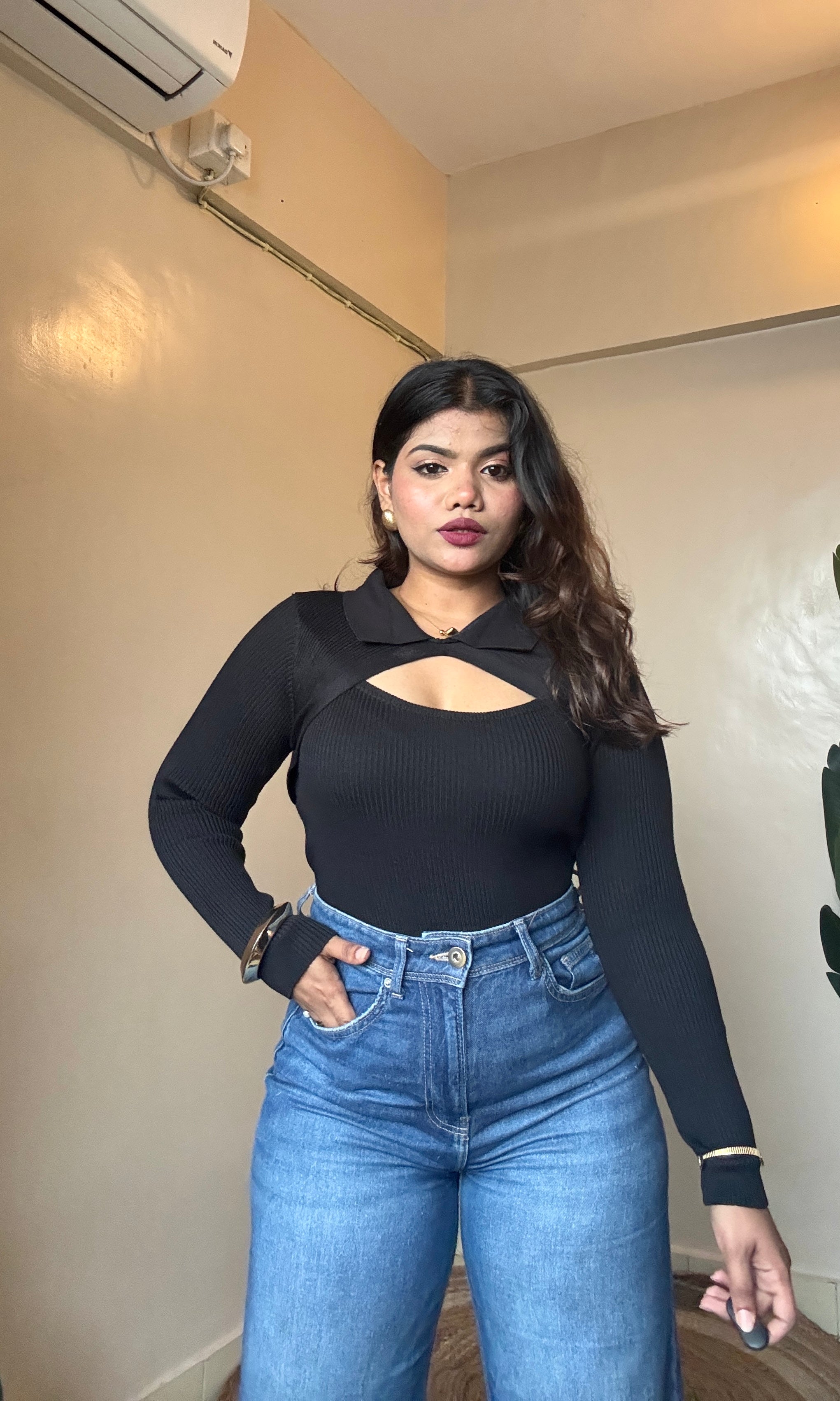 Black Cut-Out Collar Ribbed Top