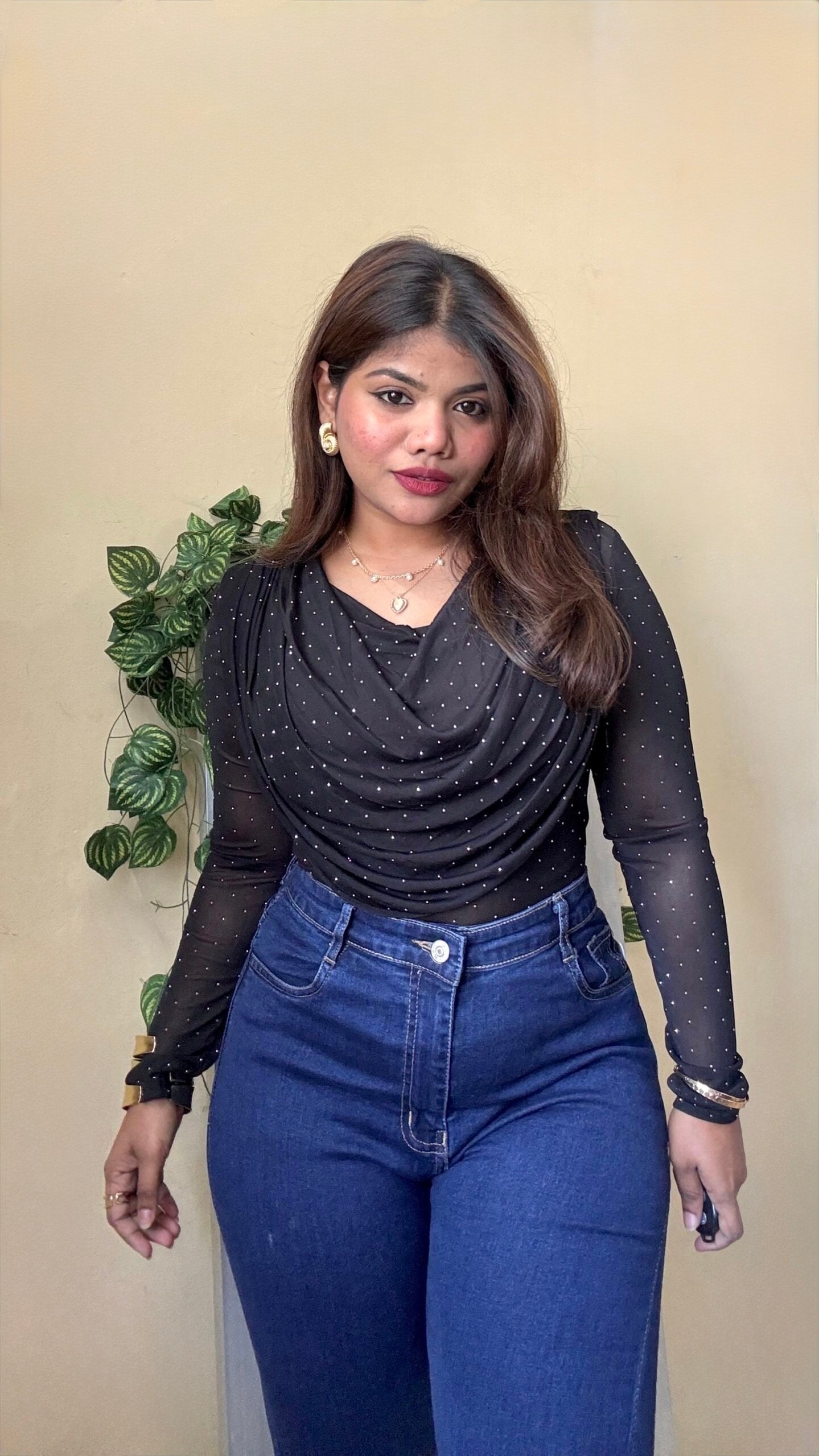 Bestseller Rhinestones Fall Neck Mesh Top