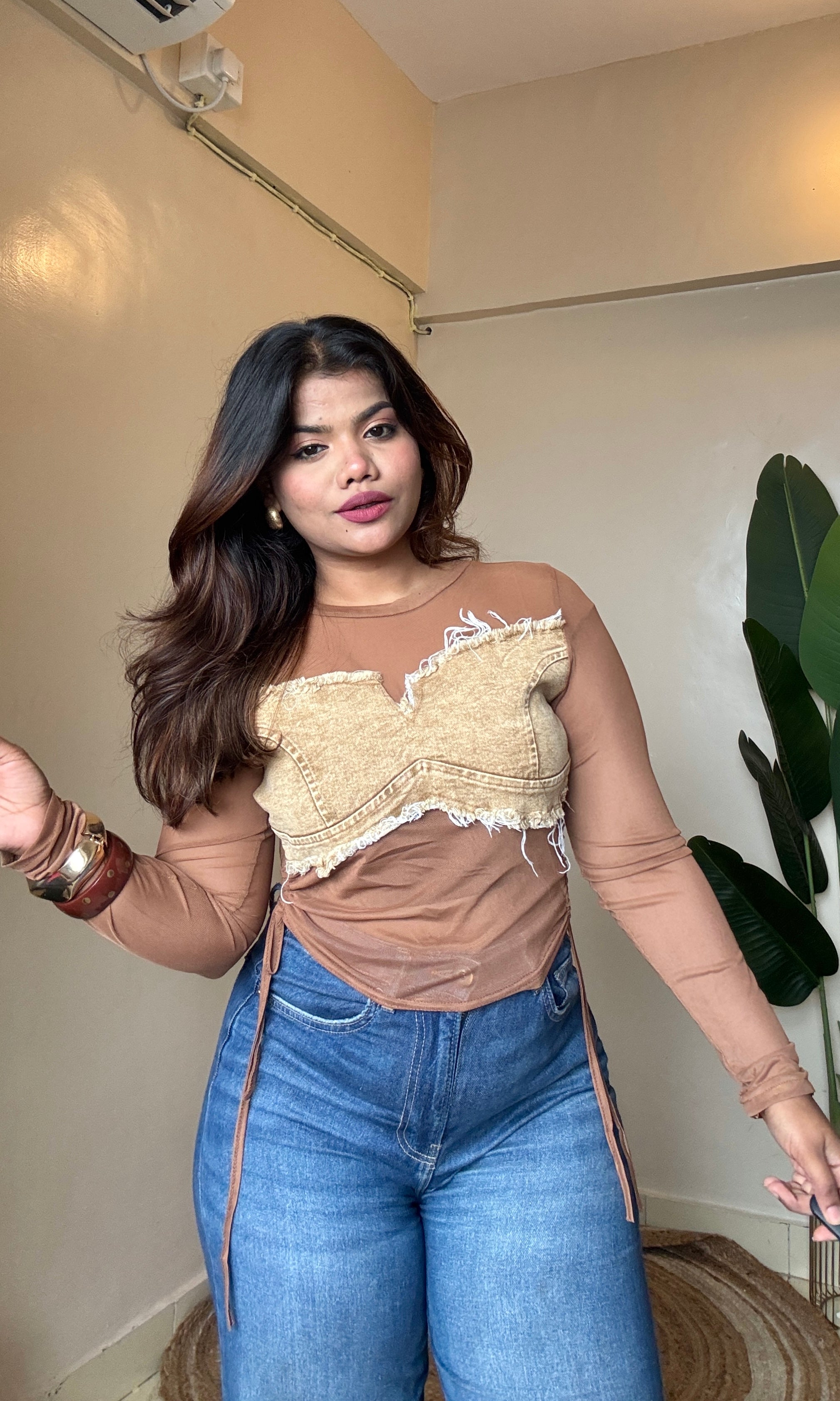 Ruched Denim Mesh Top