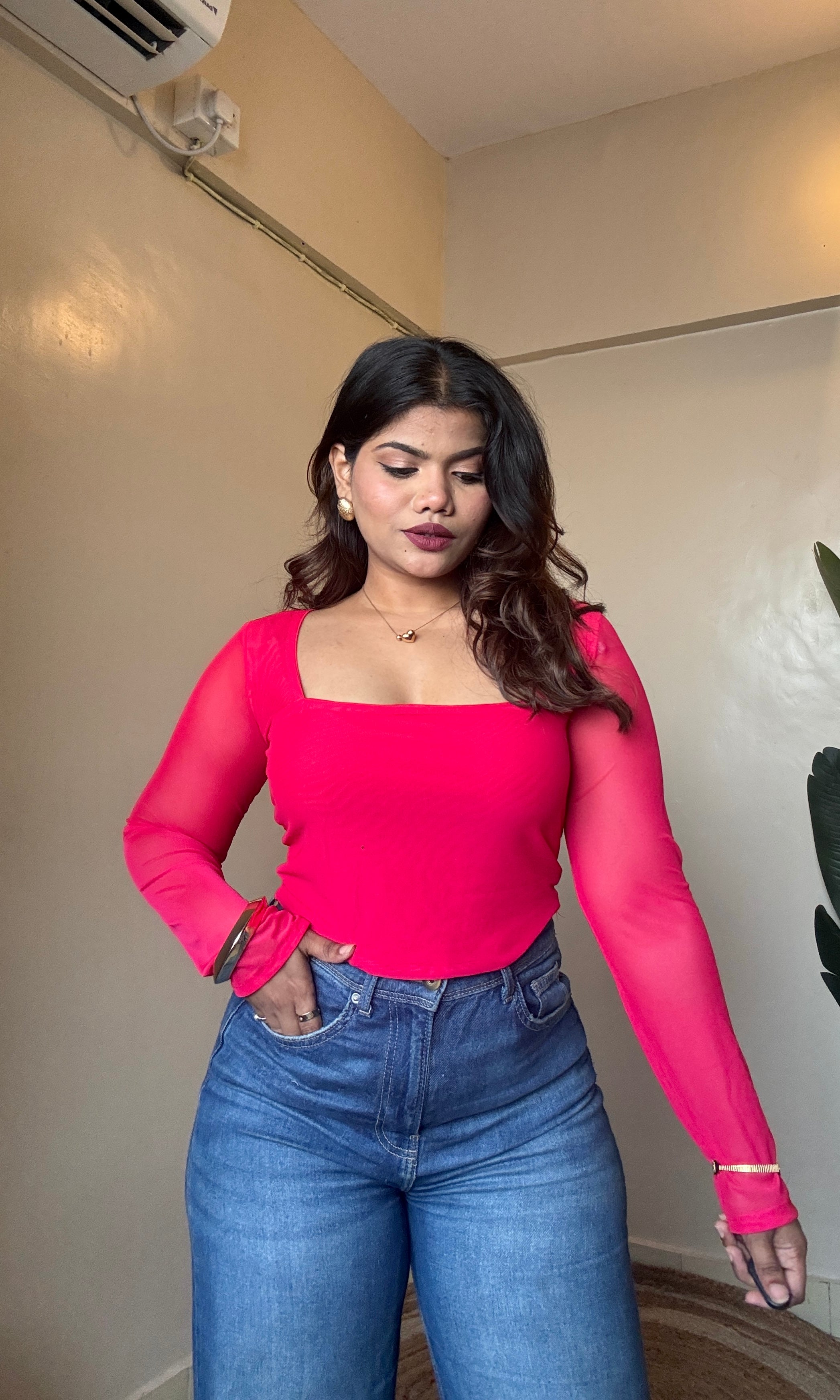 Hot Pink Square Neck Mesh Top