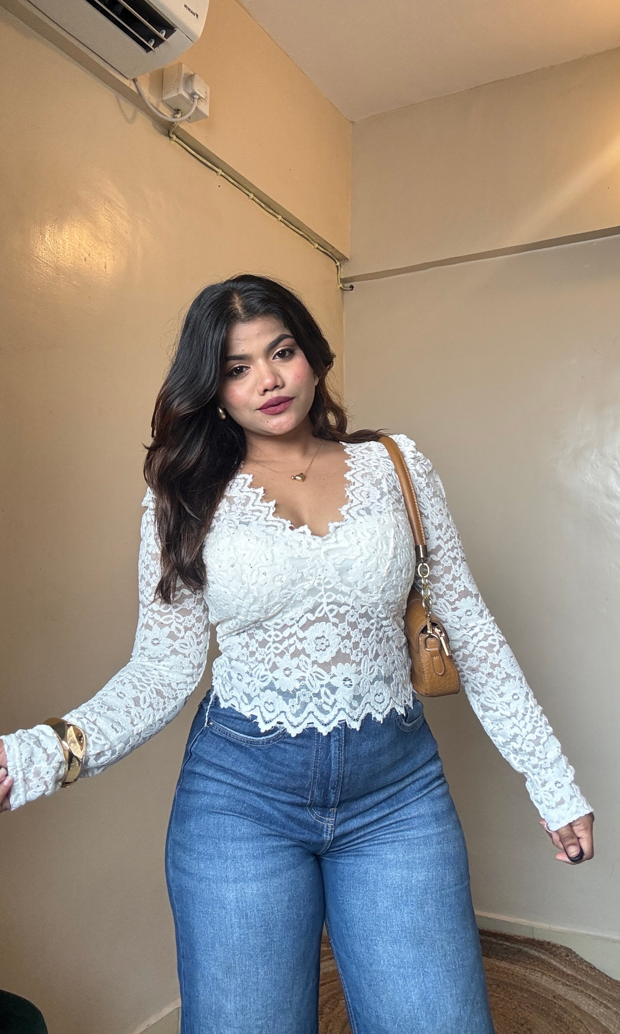 Cream Velvet Lacework Rhinestone Mesh Top