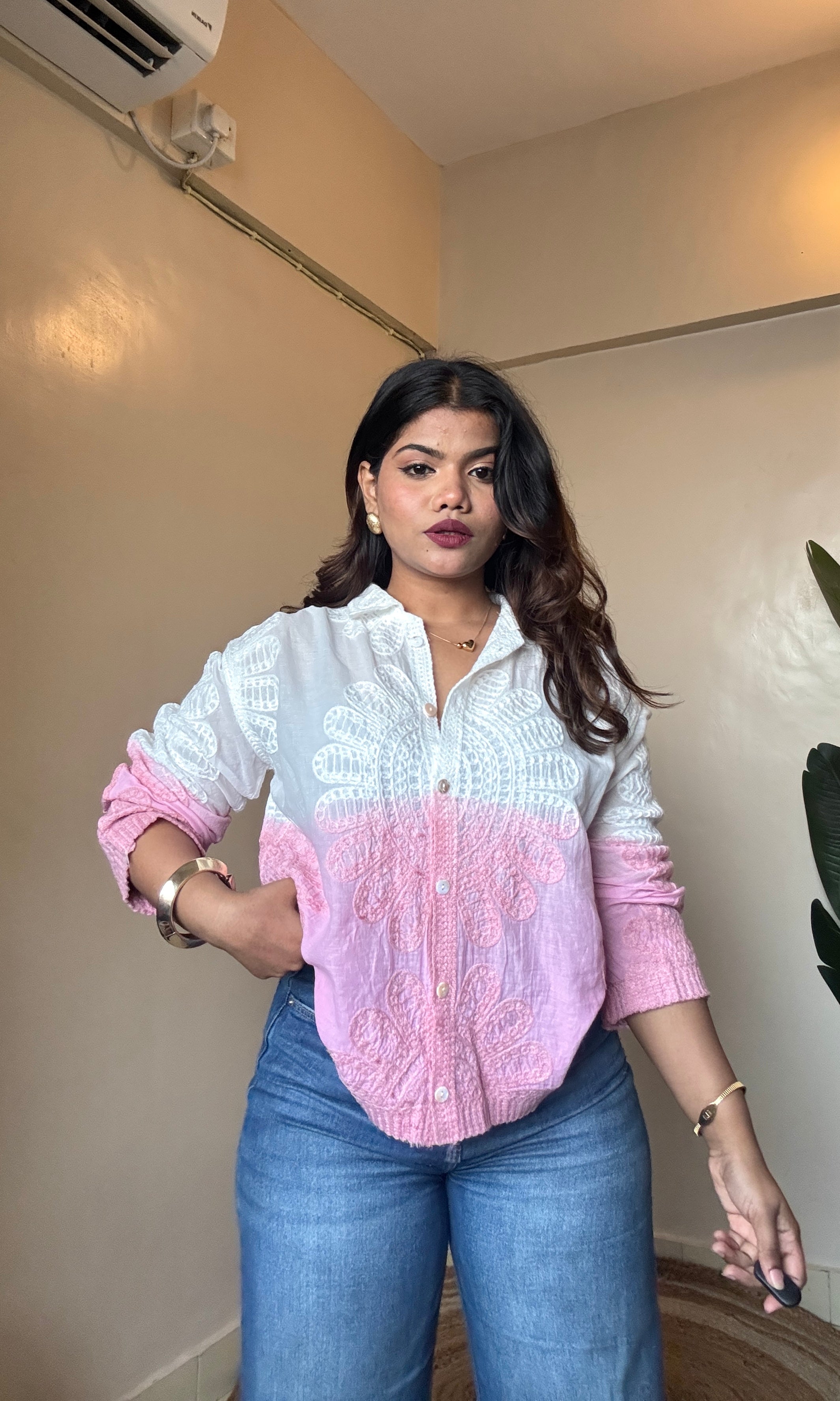 Pink Embroidery Cotton Ombre Shirt
