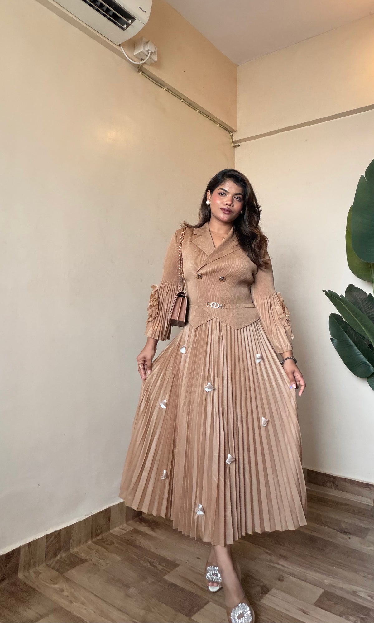 Coat Style Plated Magic Dress With Bell Sleeve