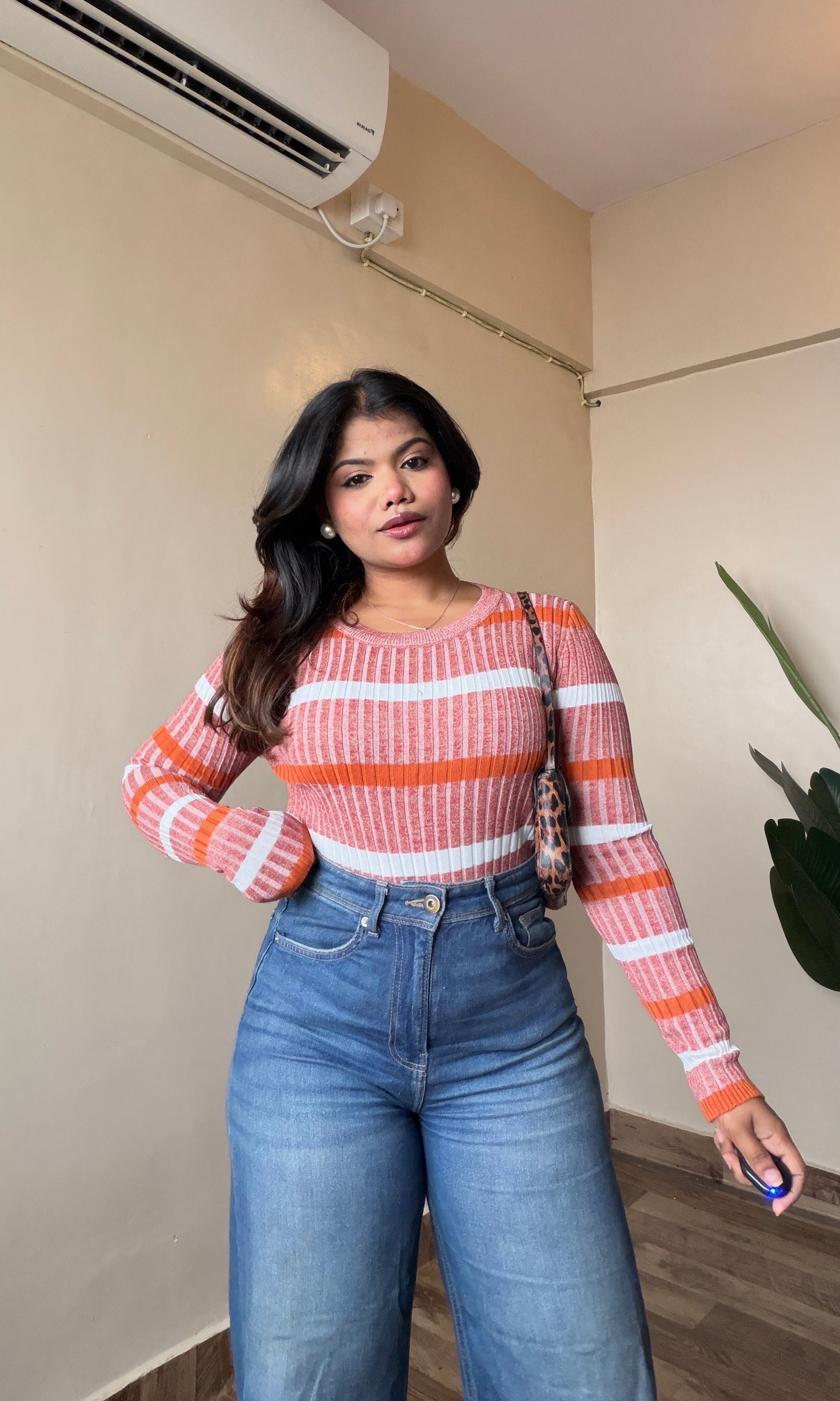 Striped Round Neck Ribbed Top