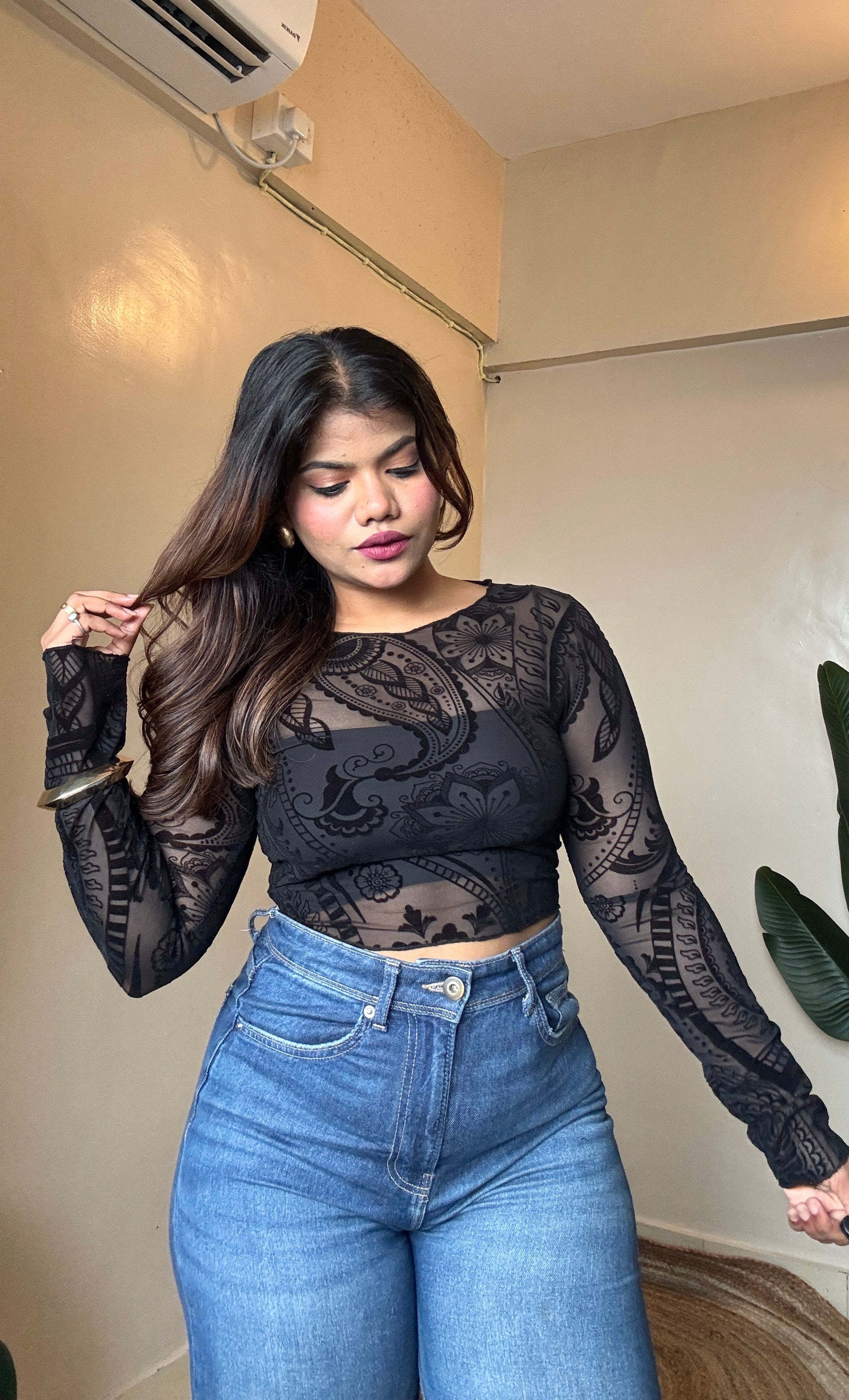 Velvet Barque Print Mesh Top With Inner