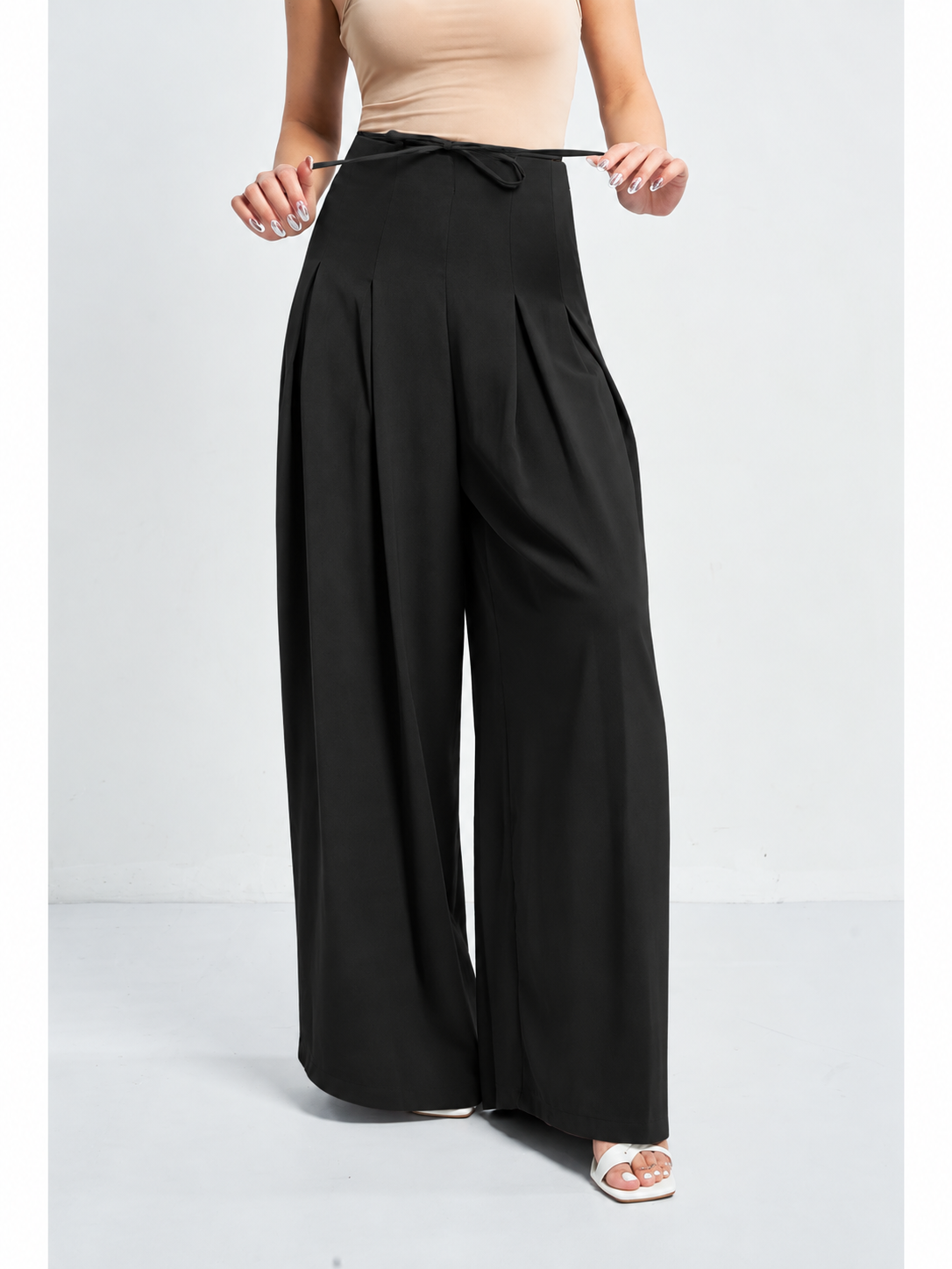 Black Pleated Knot Detailing High Waist Trouser