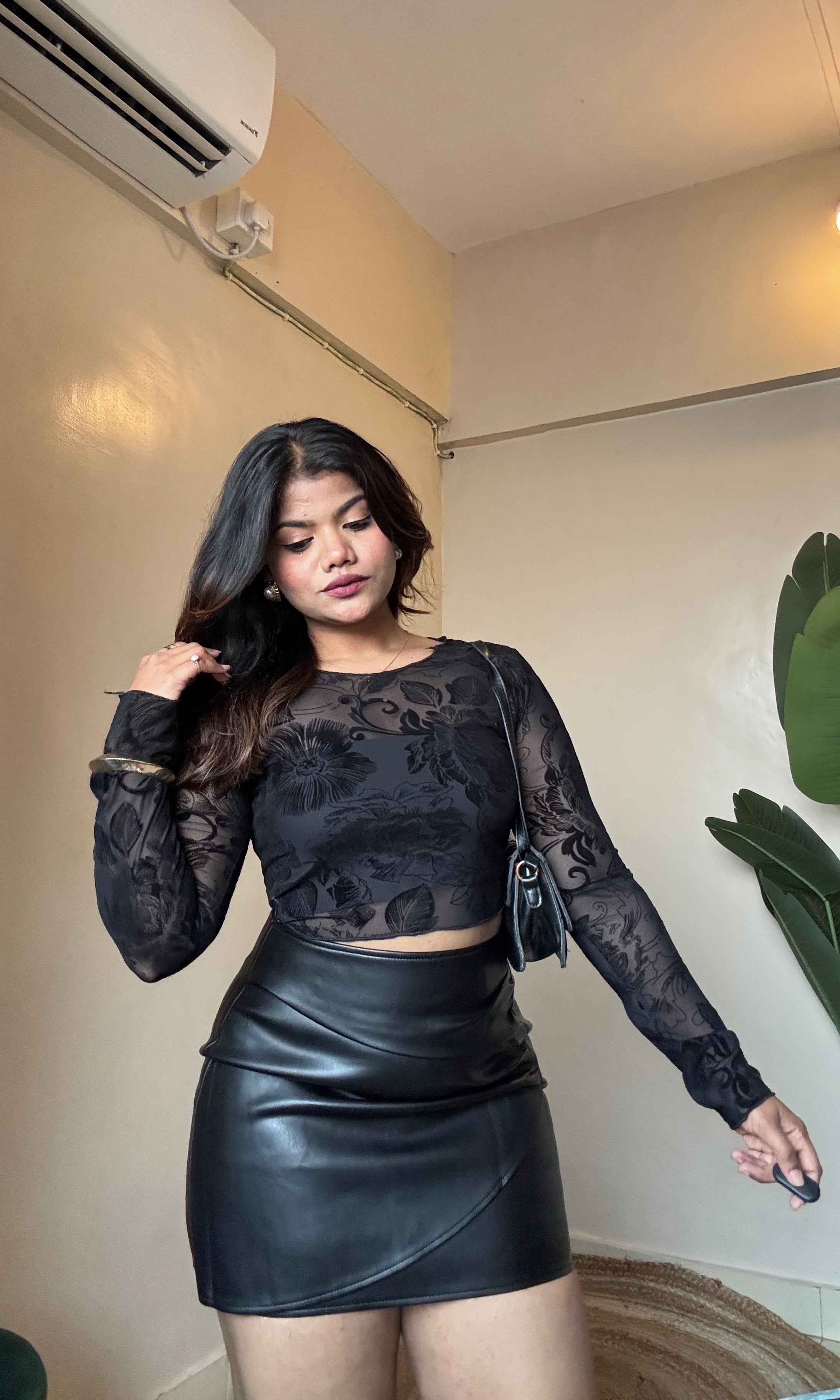 Floral Velvet Print Sheer Mesh Top With Inner-3