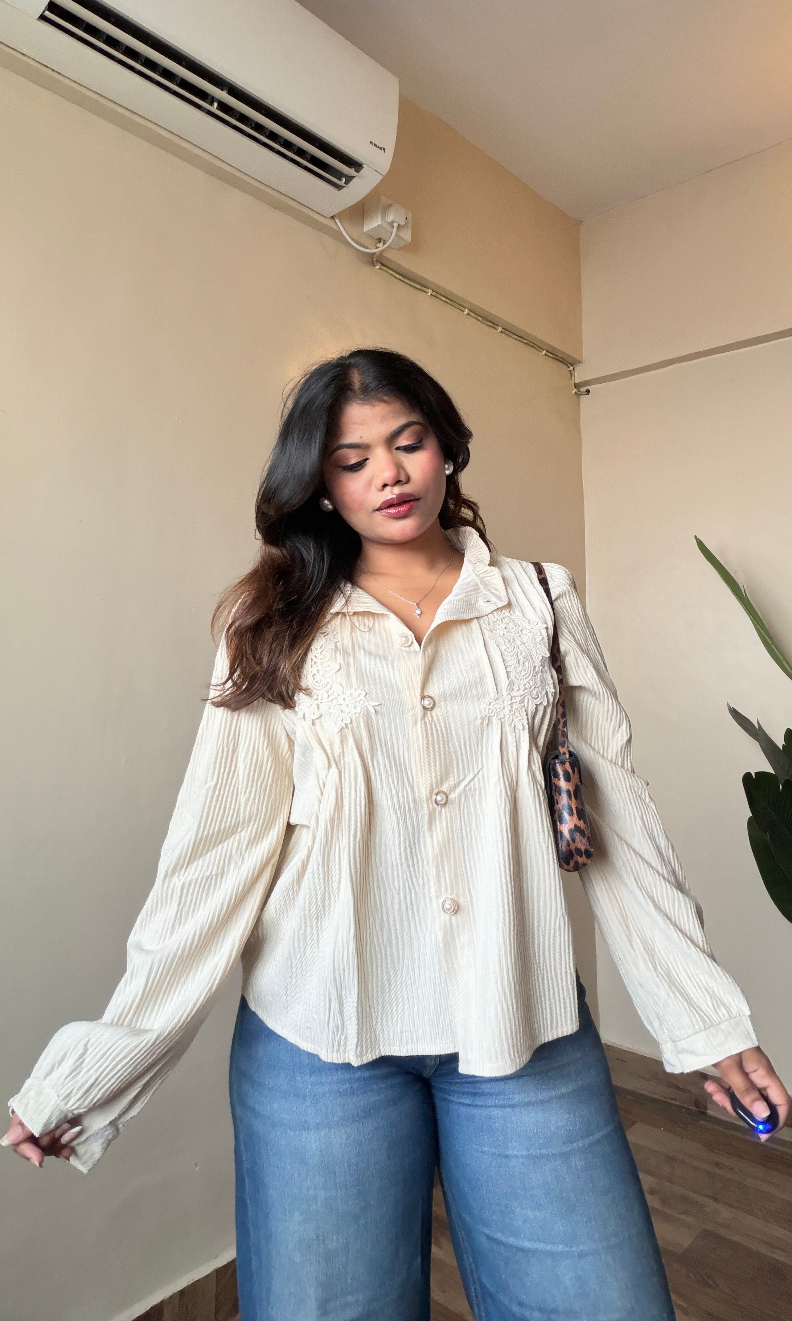 Corduroy High Neck Frill-Lacework Top