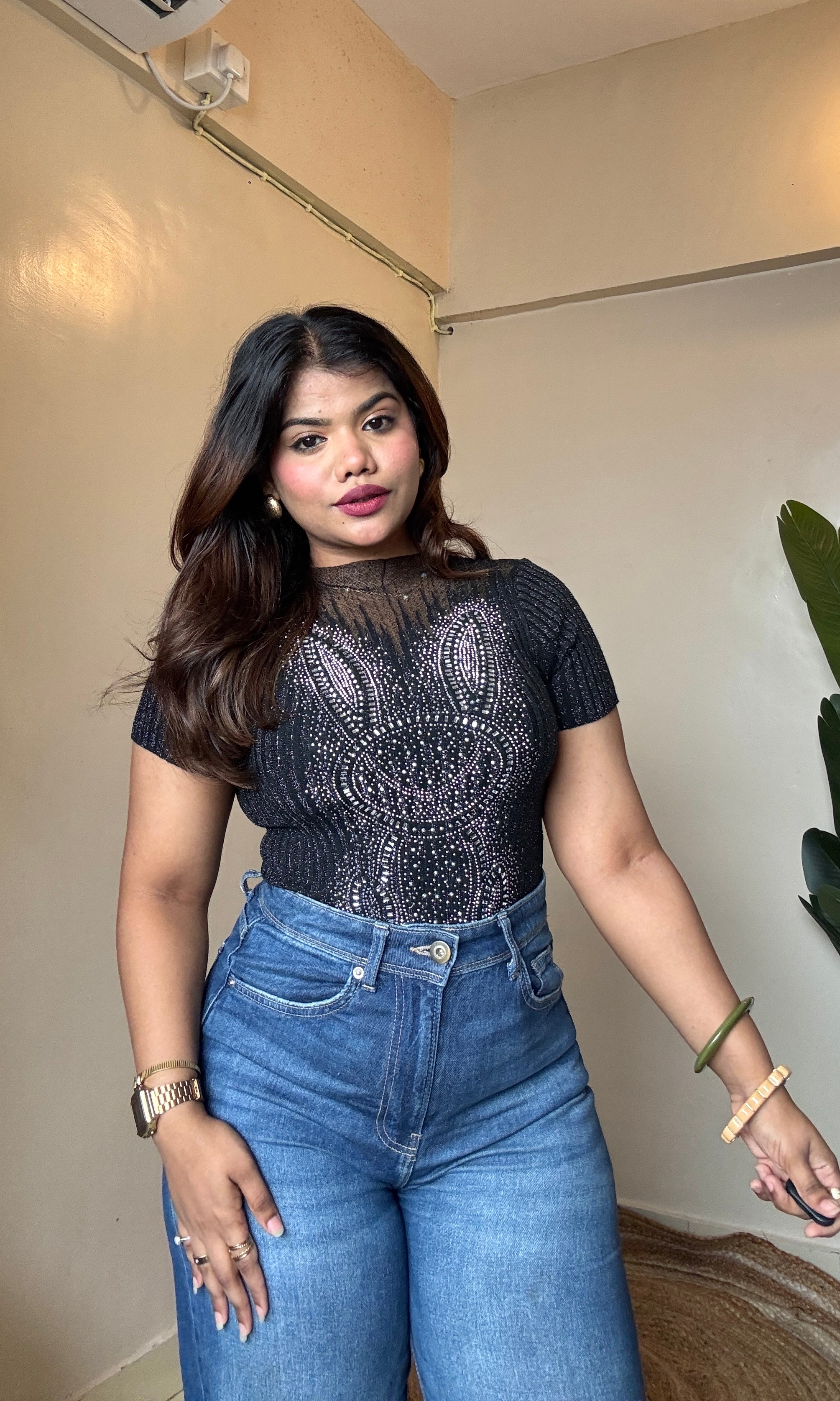 Rhinestone Work Mesh Top