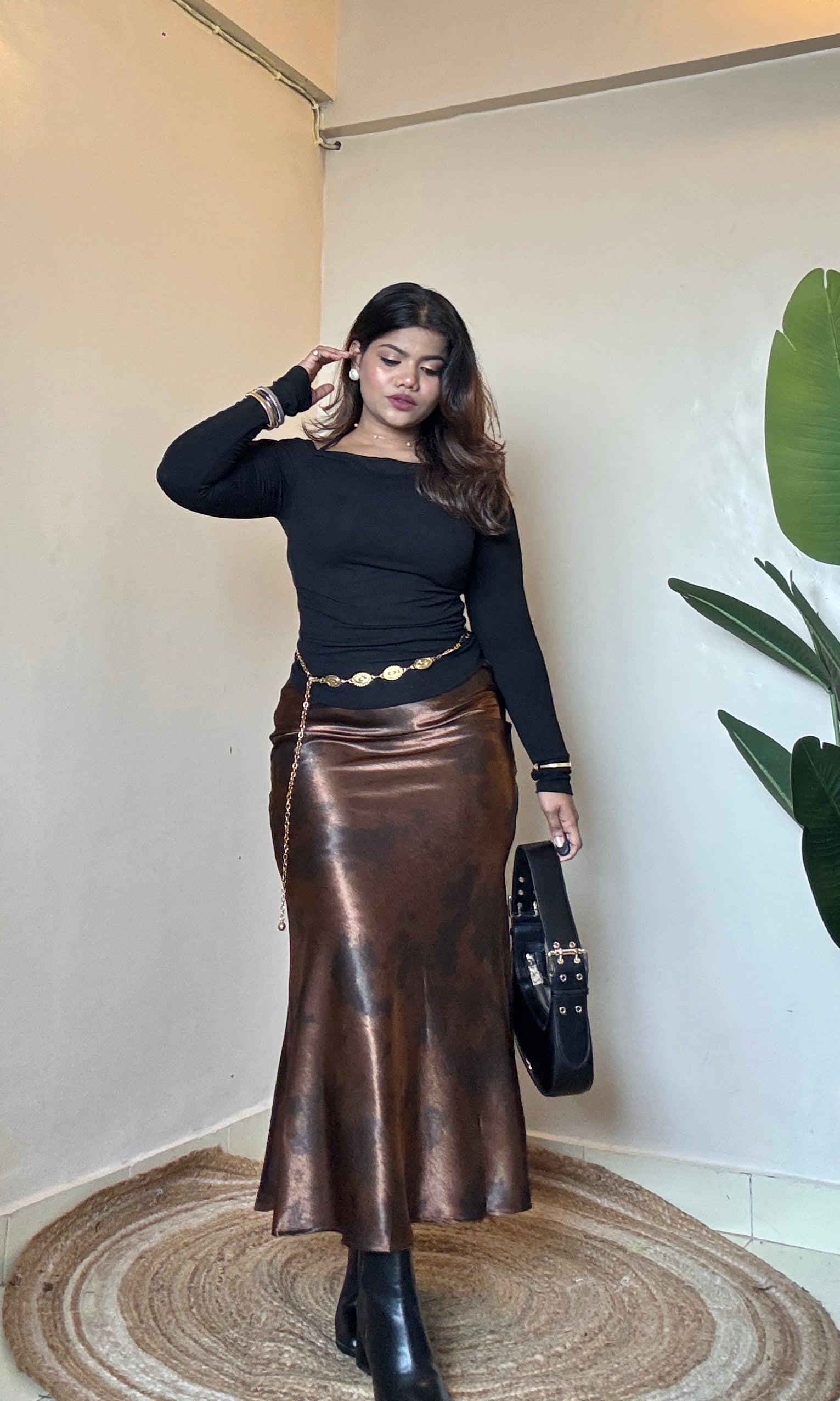 Premium Brown Printed Satin Skirt