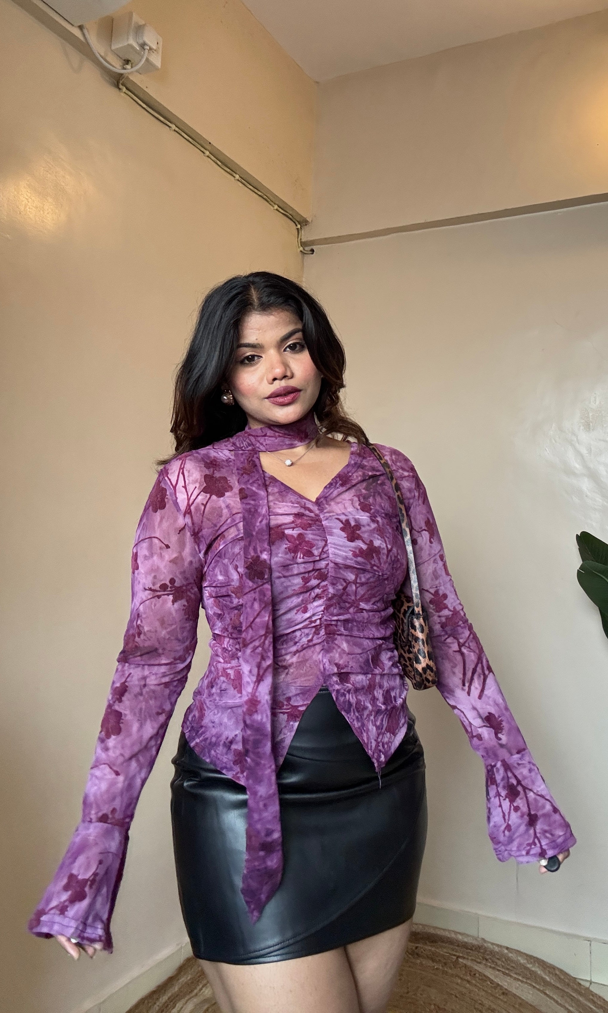 Floral Velvet Ruched Sheer Mesh Top With Ribbon