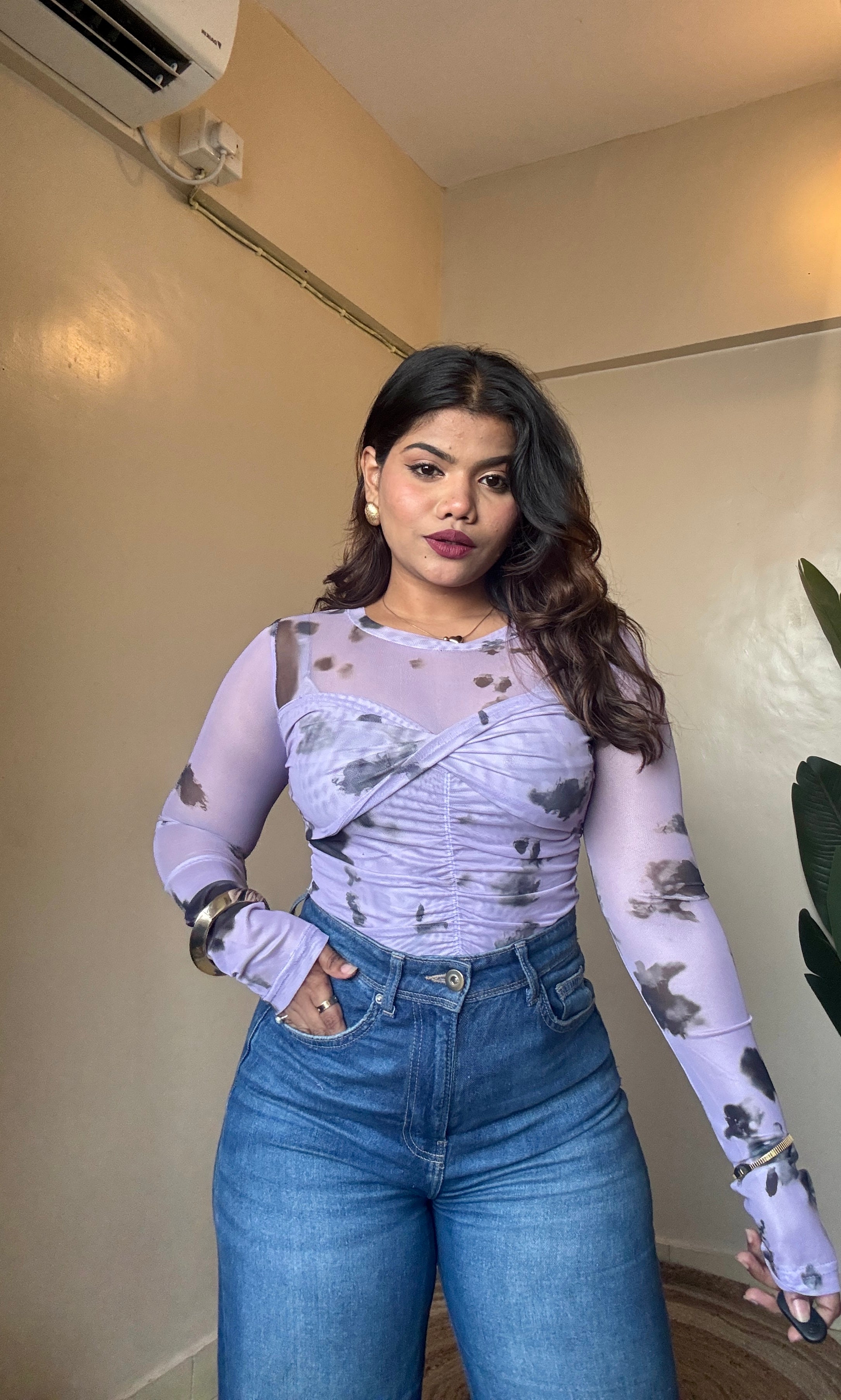 Lavender Twisted Crossover Mesh Top