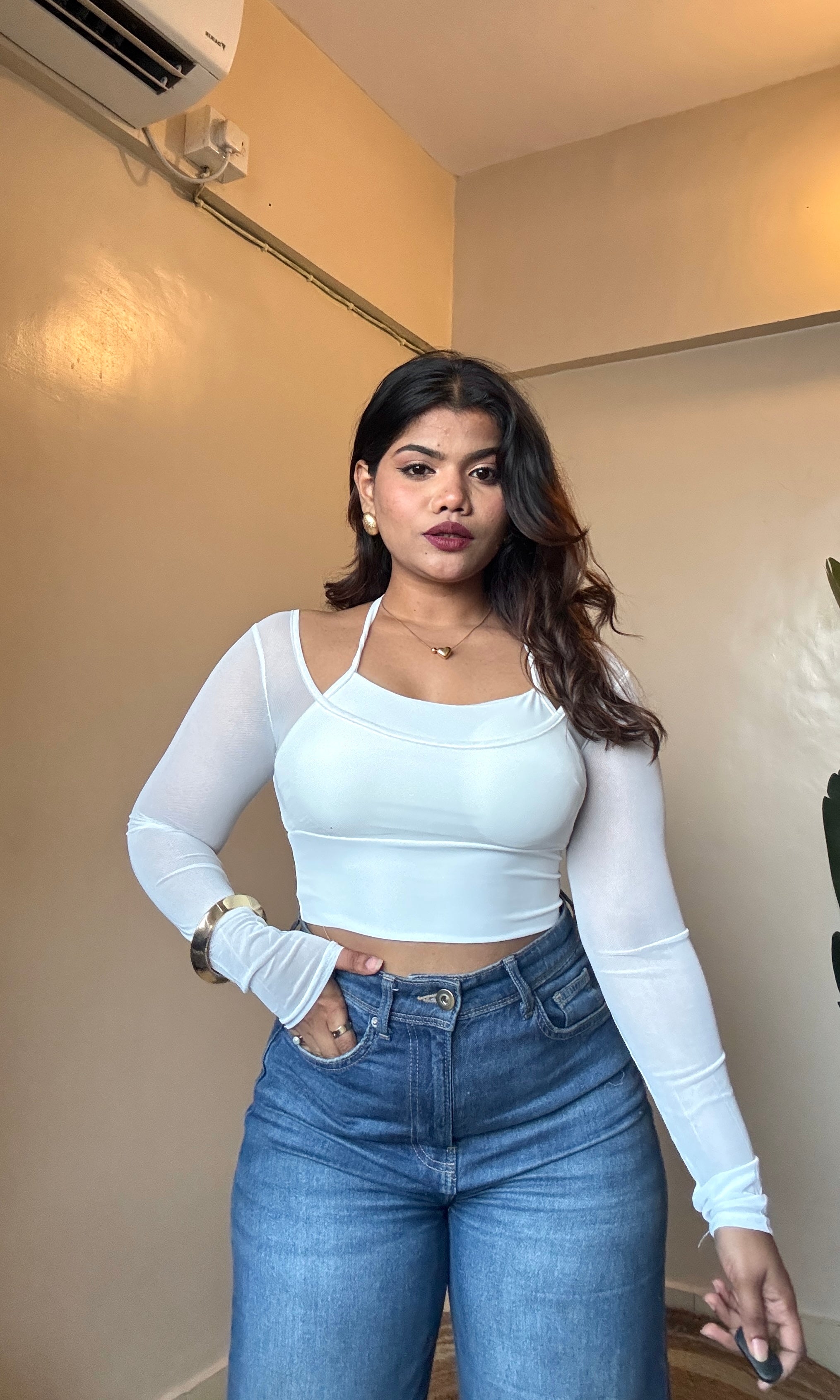 White Halter Neck Padded Mesh Top