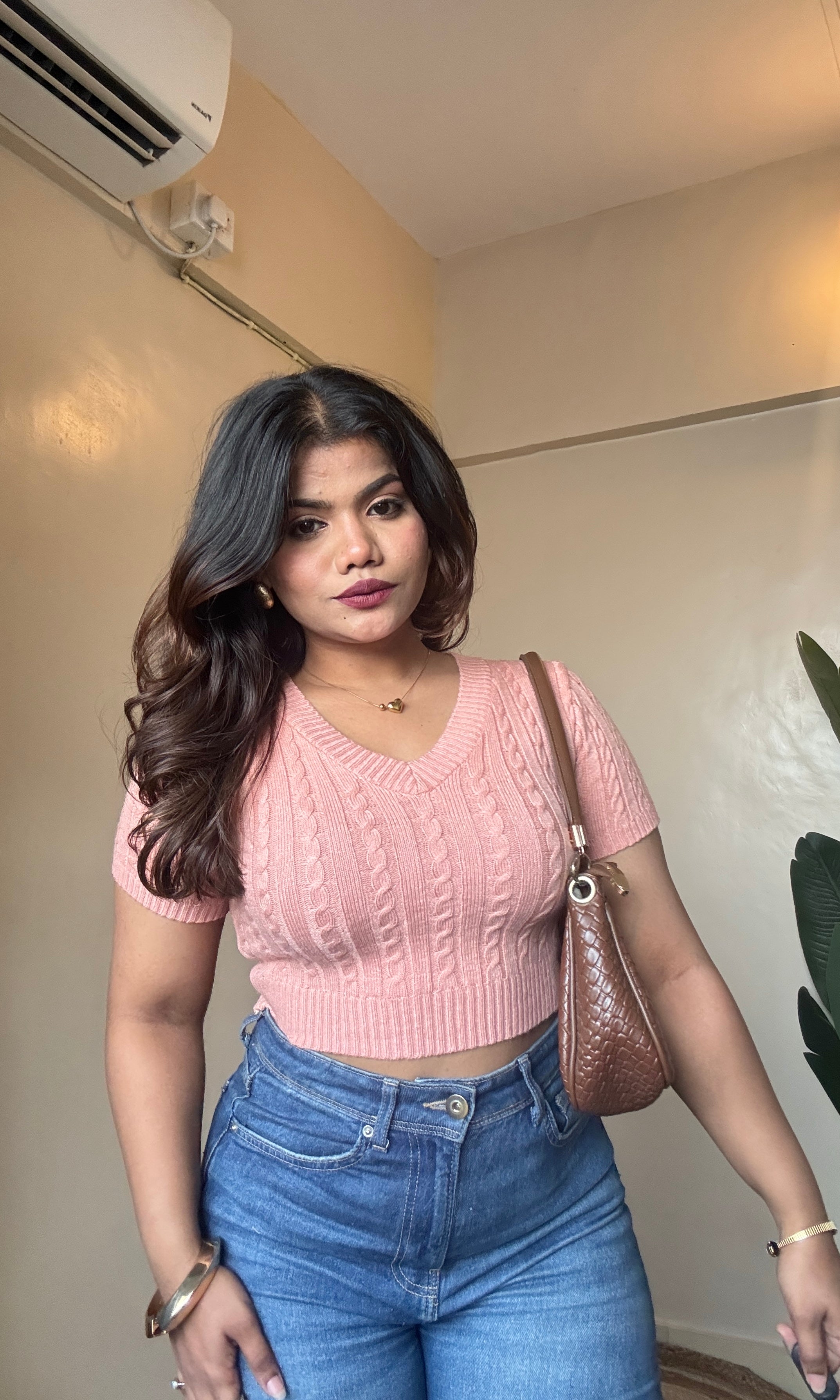 V Neck Cable-Knit Crop Top