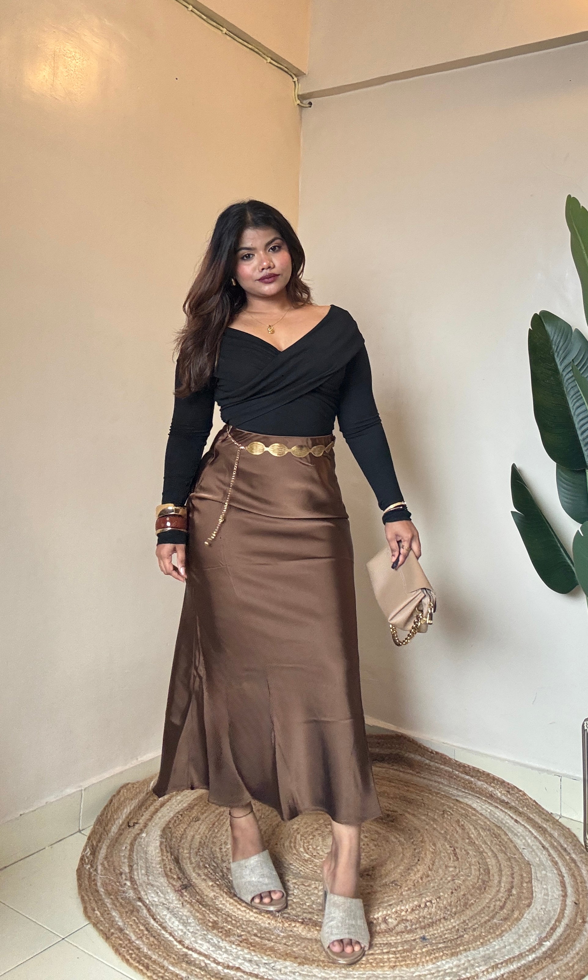 Combo Black Crossover Top With Brown Satin Skirt