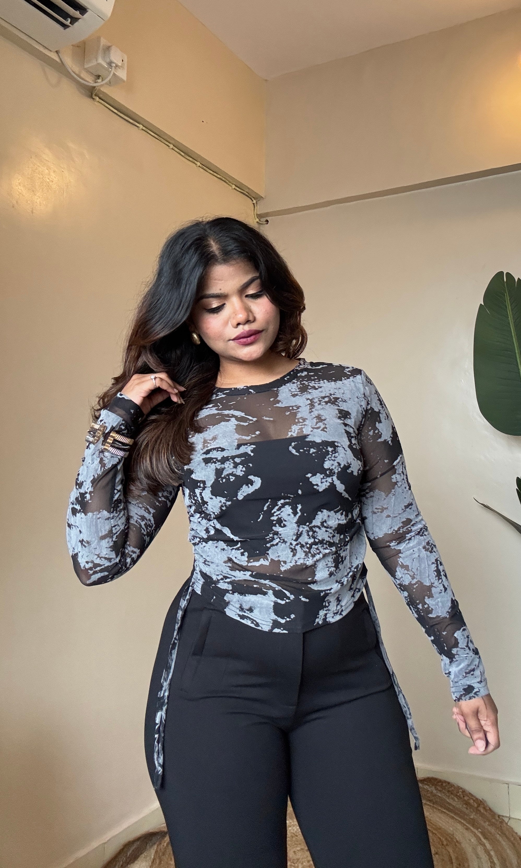 Mesh Ruched Drawstring Top