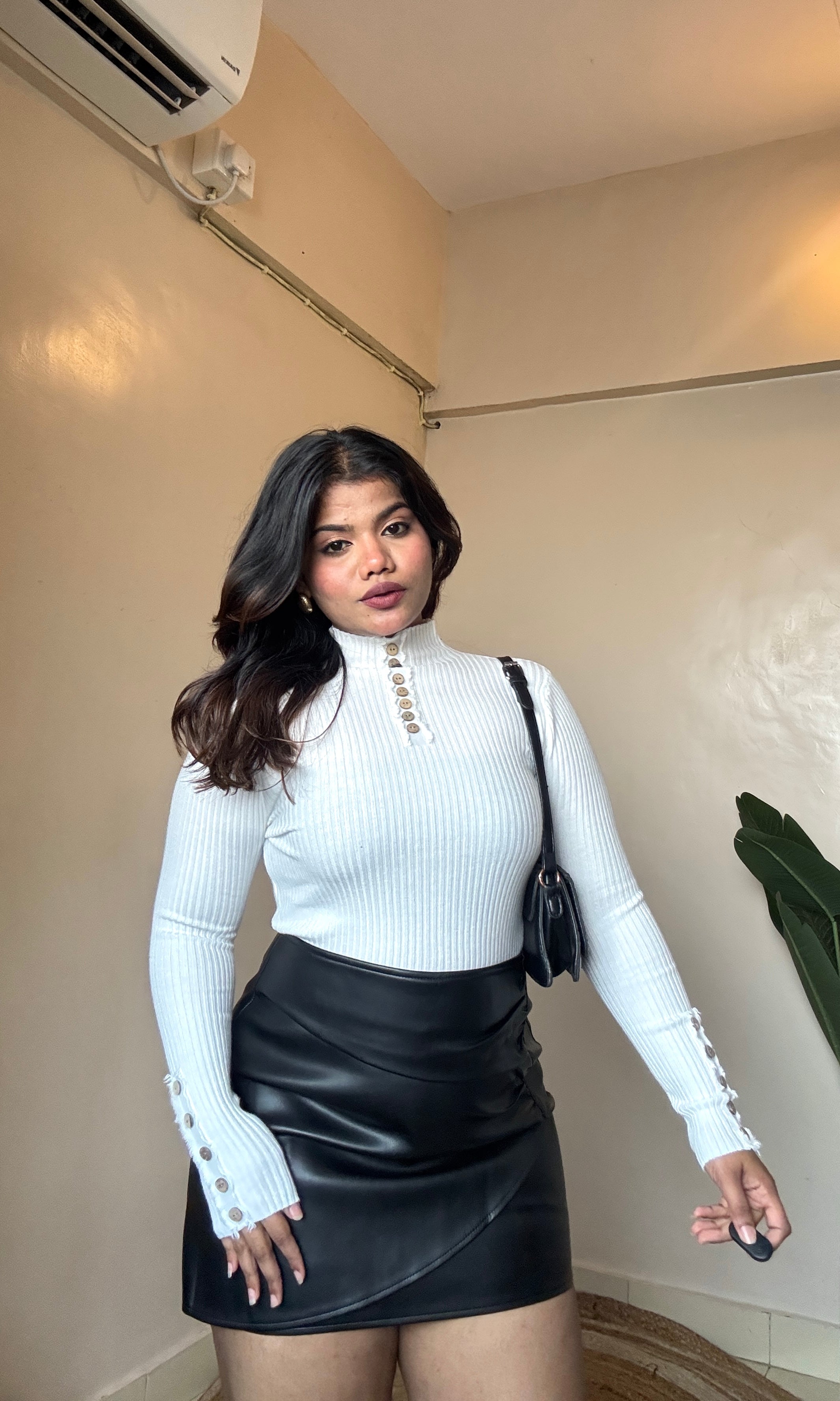 Button-Work Ribbed Mock Neck Top