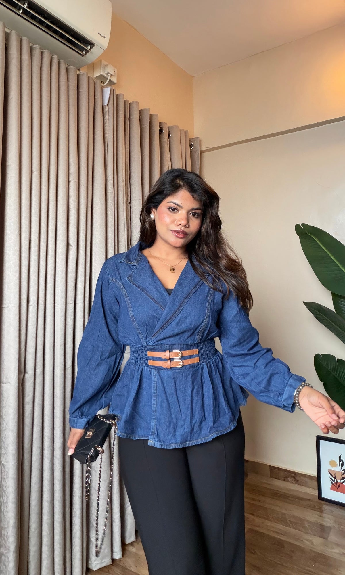 Denim Belt Detailing Peplum Top